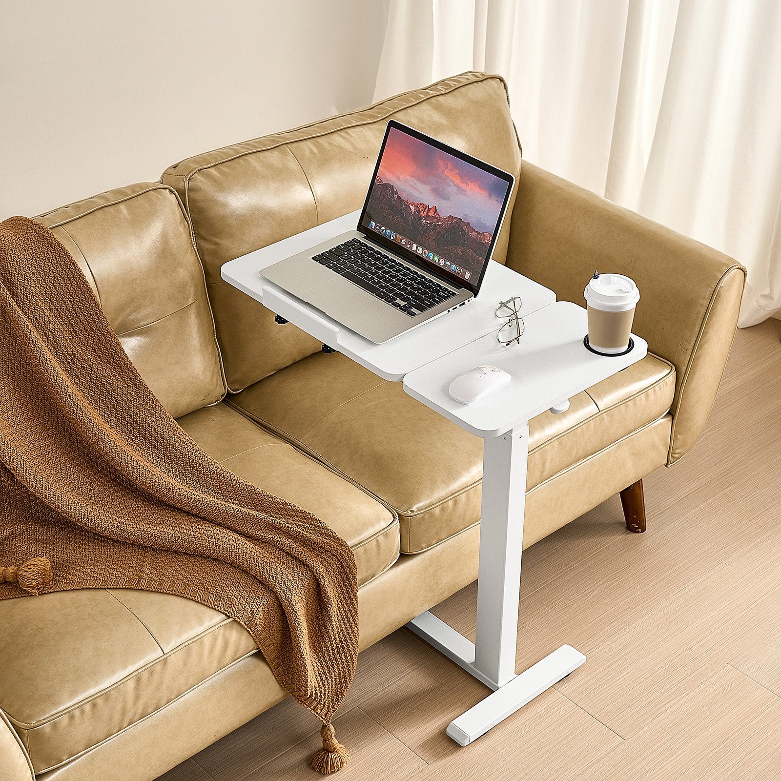 VEVOR Overbed Table, Mobile Bed Side Table with Flip Desktop and 4 Hidden Wheels, Height & Angle Adjustable Rolling Laptop Desk with Cup Holder, Portable Over Bed Desk for Home, Office, Study, White