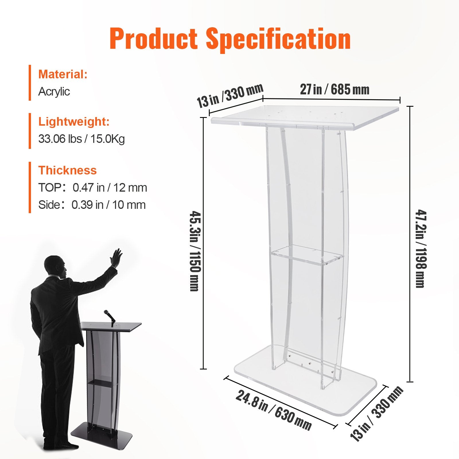 VEVOR Acrylic Podium, 47" Tall, Clear Acrylic Podium Stand with Wide Reading Surface & Storage Shelf, Floor-standing Clear Pulpits Acrylic for Church Office School