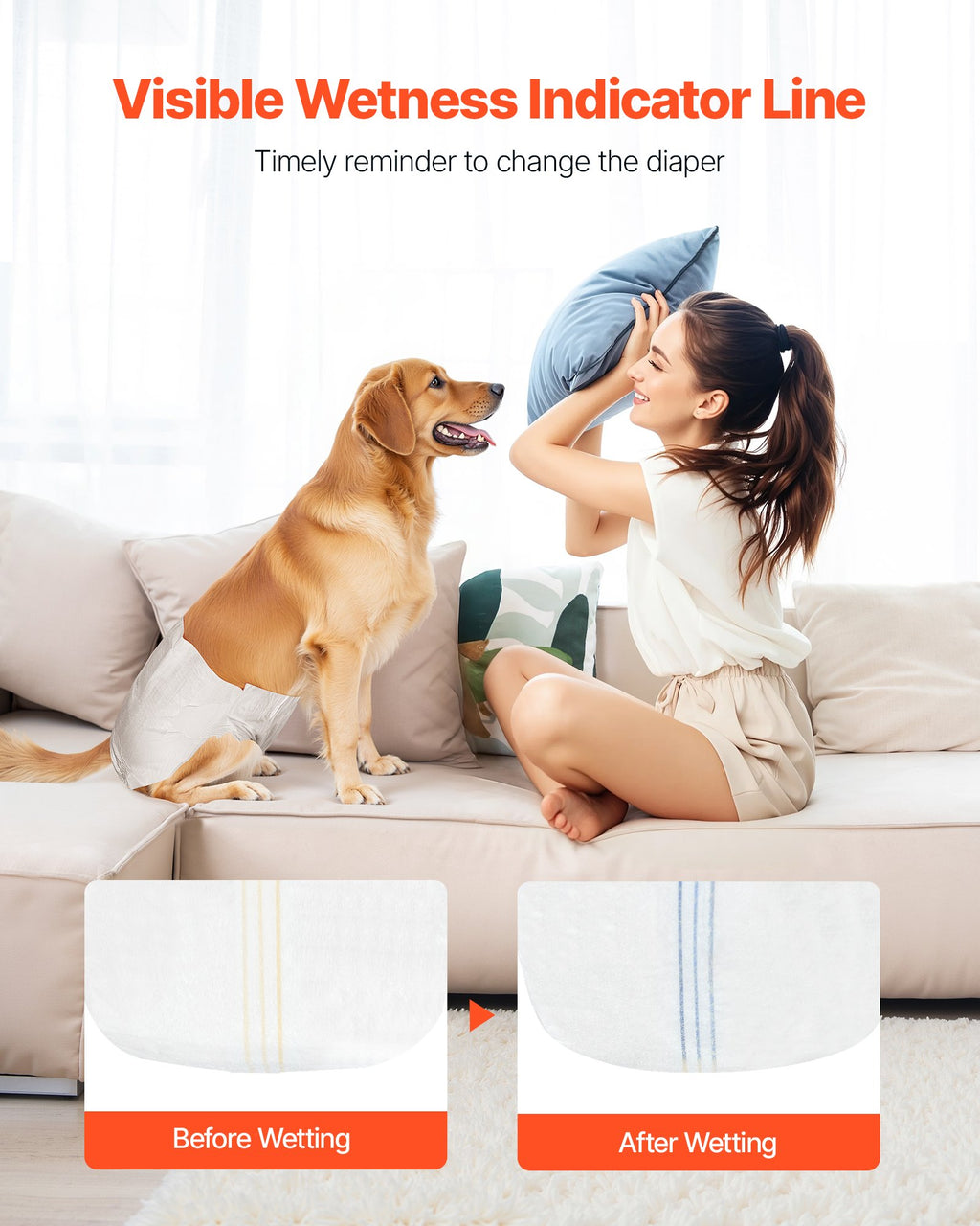 VEVOR Disposable Dog Diapers, Super Absorbent Female Dog Diapers, 360° Leak-Proof Female Doggy Pet Diaper with Wetness Indicator for Heat Period, Training, Incontinence - M, 96 Count (2 Packs of 48)