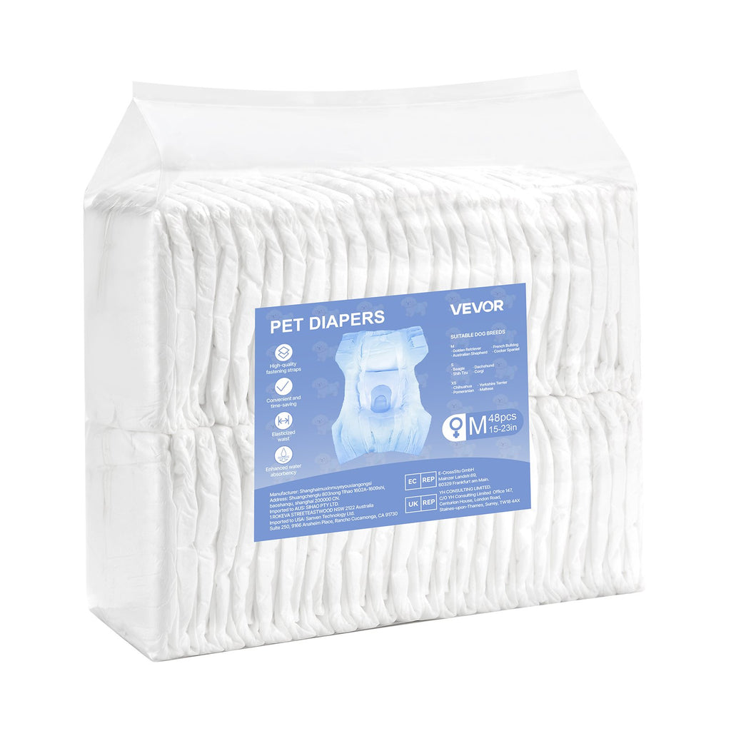 VEVOR Disposable Dog Diapers, Super Absorbent Female Dog Diapers, 360° Leak-Proof Female Doggy Pet Diaper with Wetness Indicator for Heat Period, Training, Incontinence - M, 96 Count (2 Packs of 48)