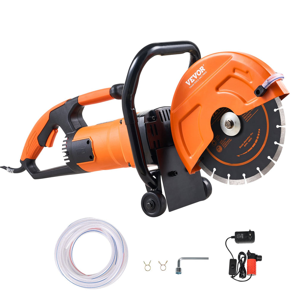 VEVOR Electric Concrete Saw, 9 in, 2000 W 15 A Motor Circular Saw Cutter with 3.5 in Cutting Depth, Wet/Dry Disk Saw Cutter Includes Water Line, Pump and Blade, for Stone, Brick