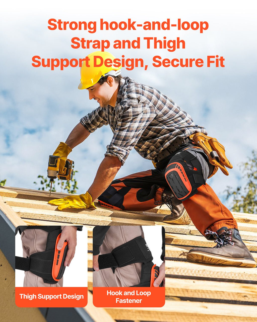 VEVOR Knee Pads for Work, Extended Heavy Duty Construction Knee Pads with 2 Extension Straps, Anti-slip Foam Gel Knee Pads, Men & Women, for Gardening Flooring Roofing and Cleaning, Black and Orange