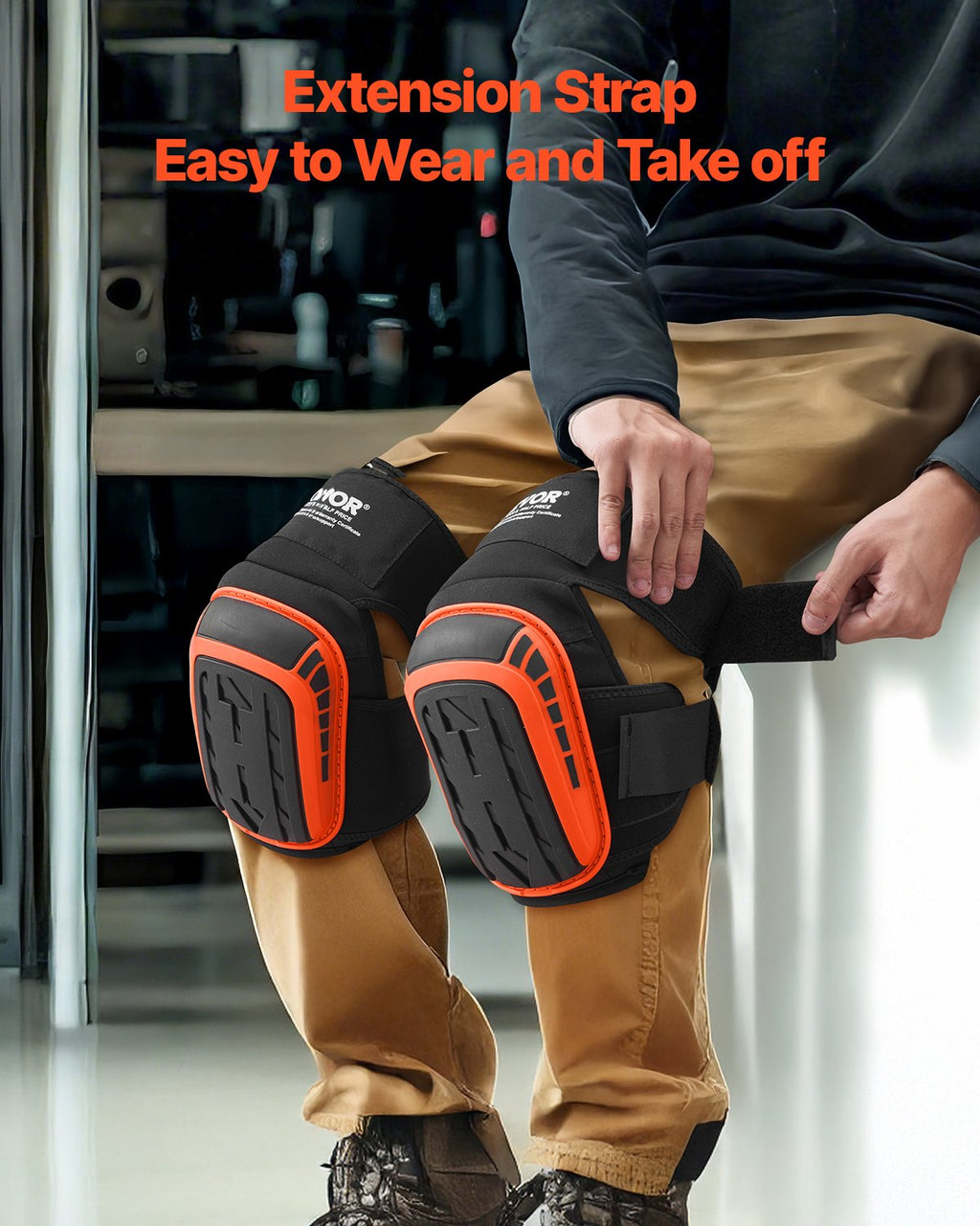 VEVOR Knee Pads for Work, Extended Heavy Duty Construction Knee Pads with 2 Extension Straps, Anti-slip Foam Gel Knee Pads, Men & Women, for Gardening Flooring Roofing and Cleaning, Black and Orange