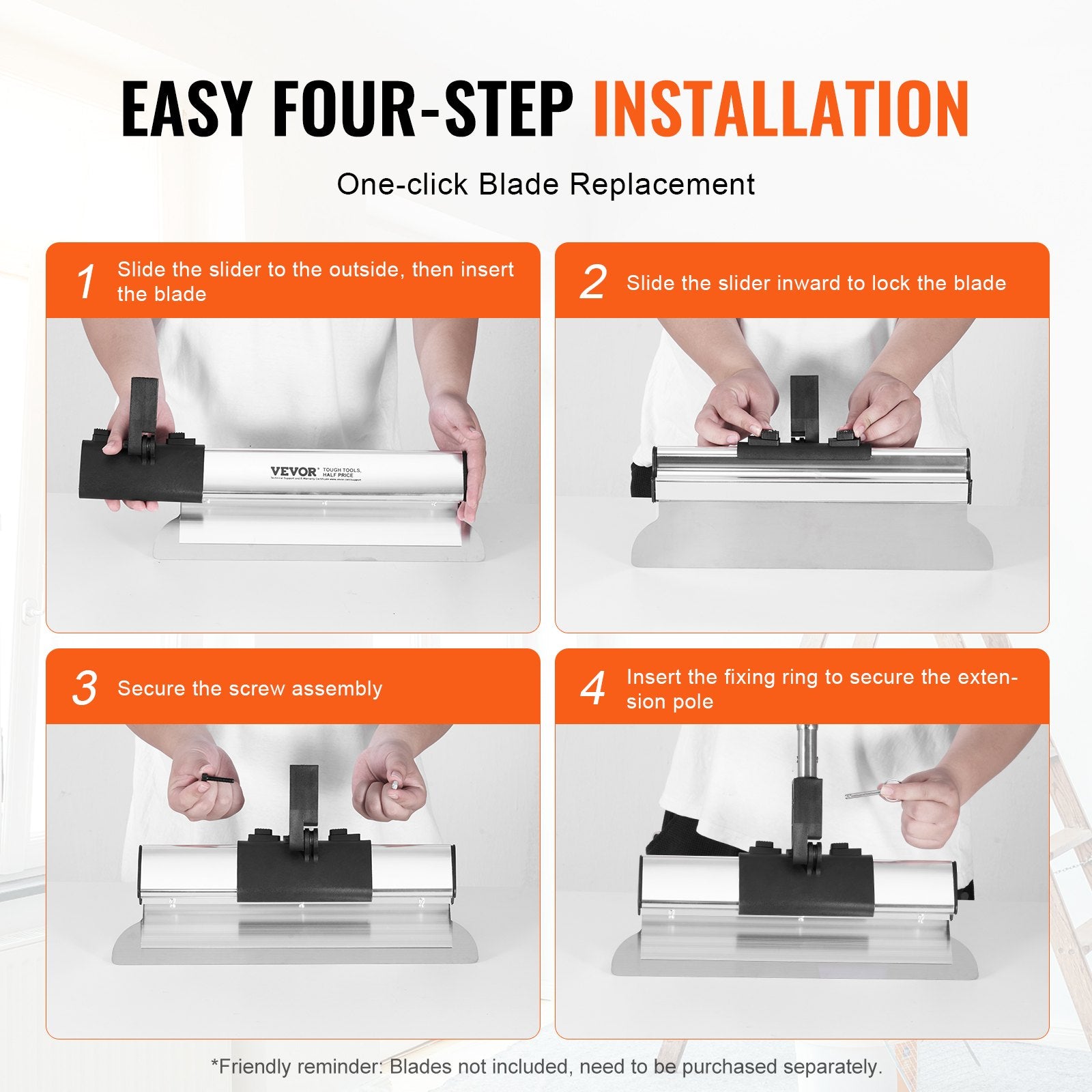 VEVOR Drywall Skimming Kit, Handle + Fixator Smoothing Knife Accessory, Professional Skim Coat Tools For Drywall, Wipe/Drywall Knife, for Gyprock / WallBoard / Plasterboard (No Blade)