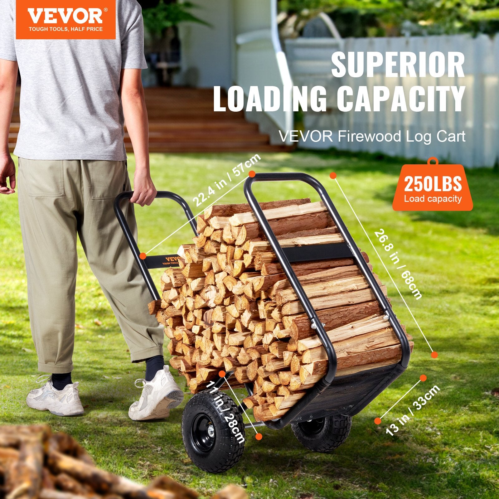 VEVOR Firewood Log Cart, 113 kg Load Capacity, Outdoor and Indoor Wood Rack Storage Mover with Pneumatic Rubber Wheels, Heavy Duty Steel Dolly Hauler, Firewood Carrier for Fireplace, Fire Pit, Black
