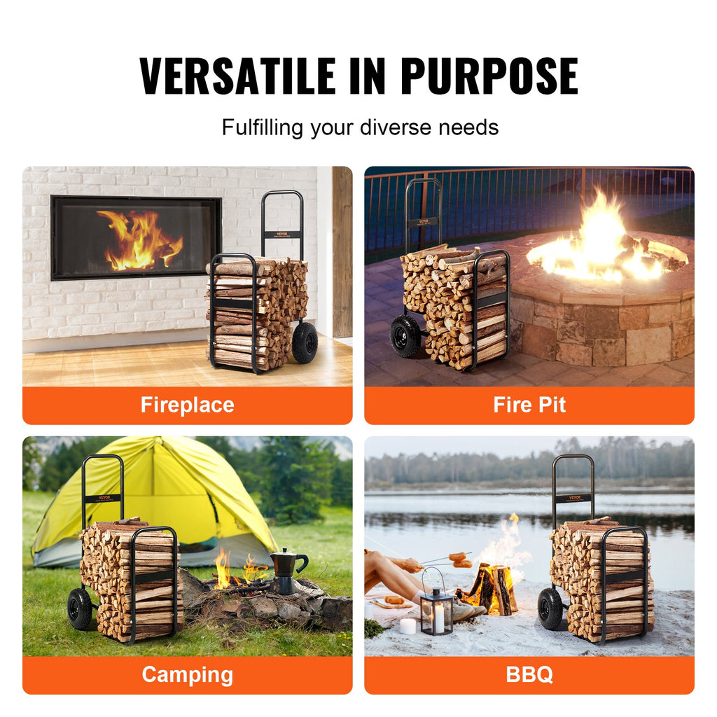 VEVOR Firewood Log Cart, 113 kg Load Capacity, Outdoor and Indoor Wood Rack Storage Mover with Pneumatic Rubber Wheels, Heavy Duty Steel Dolly Hauler, Firewood Carrier for Fireplace, Fire Pit, Black