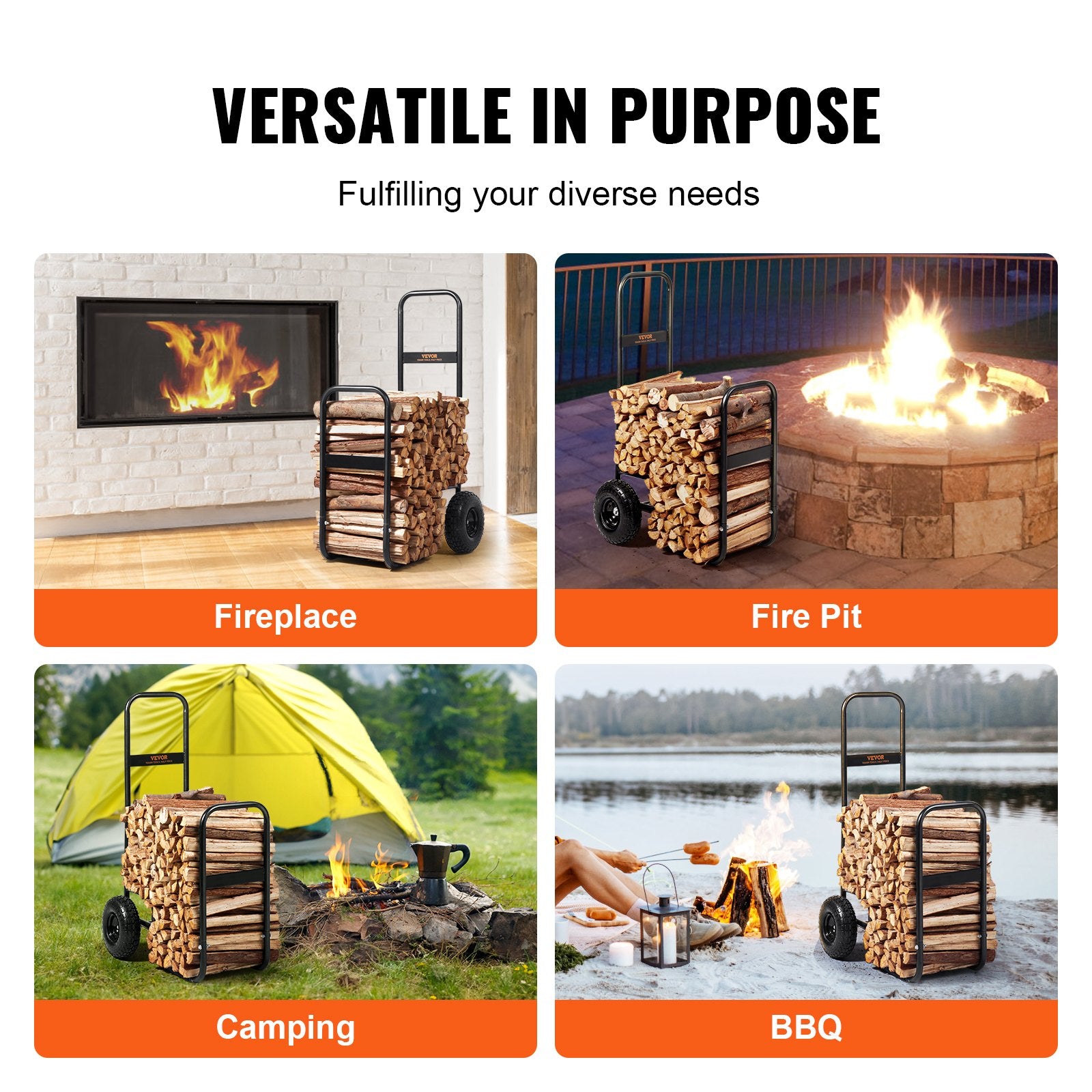 VEVOR Firewood Log Cart, 113 kg Load Capacity, Outdoor and Indoor Wood Rack Storage Mover with Pneumatic Rubber Wheels, Heavy Duty Steel Dolly Hauler, Firewood Carrier for Fireplace, Fire Pit, Black