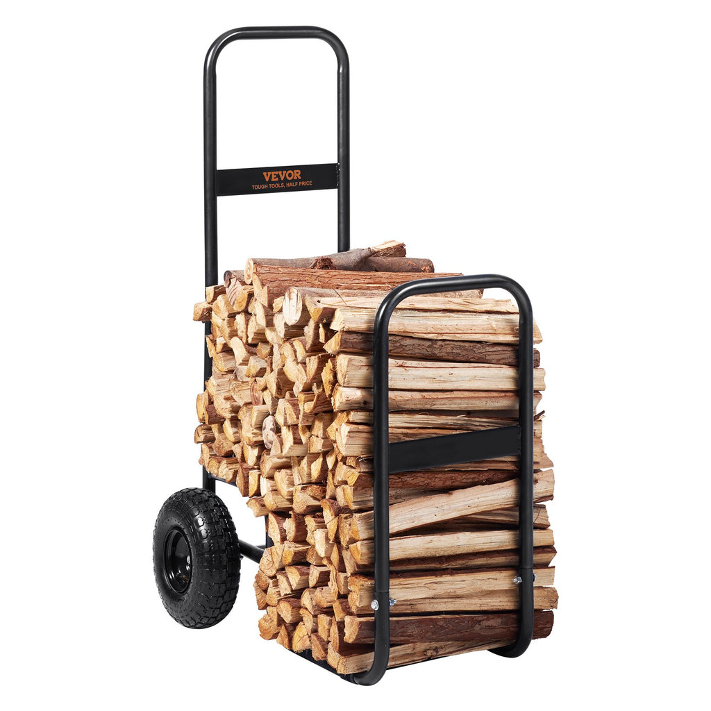 VEVOR Firewood Log Cart, 113 kg Load Capacity, Outdoor and Indoor Wood Rack Storage Mover with Pneumatic Rubber Wheels, Heavy Duty Steel Dolly Hauler, Firewood Carrier for Fireplace, Fire Pit, Black
