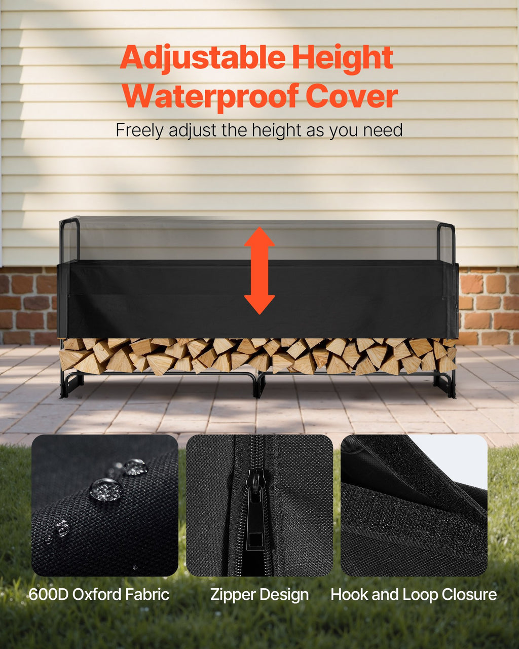 VEVOR Firewood Rack with Waterproof Cover, 257 x 36 x 117 cm Outdoor Firewood Holder, 660lb Weight Capacity, 1/2 Cord Log Holder, Half-Covered, Powder-coated Wood Storage Rack for Fireplace Deck