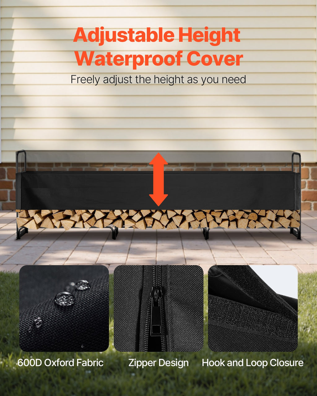 VEVOR Firewood Rack with Waterproof Cover, 383 x 36 x 117 cm Outdoor Firewood Holder, 660lb Weight Capacity, 1/2 Cord Log Holder, Half-Covered, Powder-coated Wood Storage Rack for Fireplace Deck