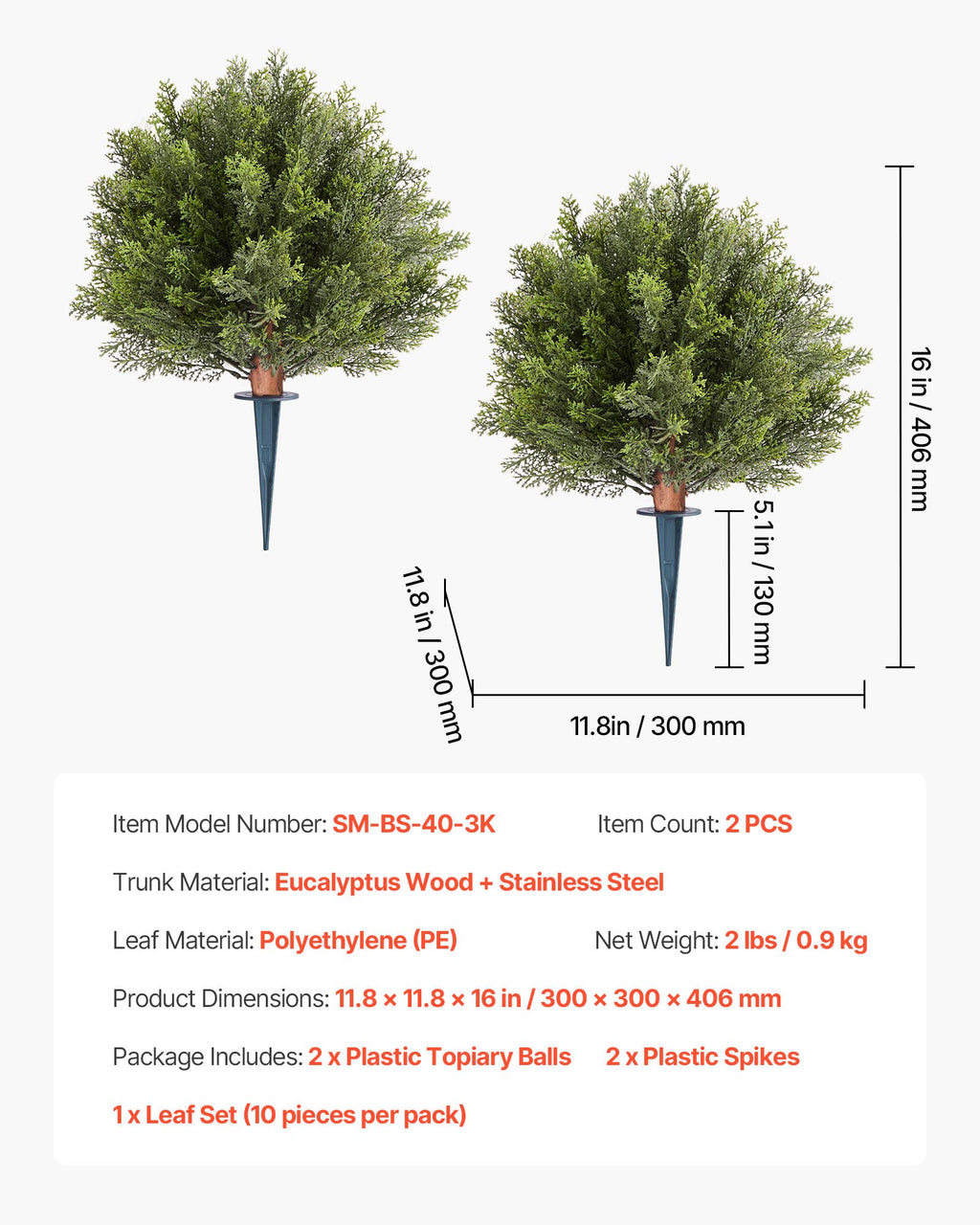 VEVOR Artificial Topiary Cypress Trees with Ground Spike, 2 Set 406mm Faux Shrubs & Bushes Potted Plants, Fake Silk Tree Look Real for Decor Front Porch Outdoor Indoor Patio Garden Balcony Backyard