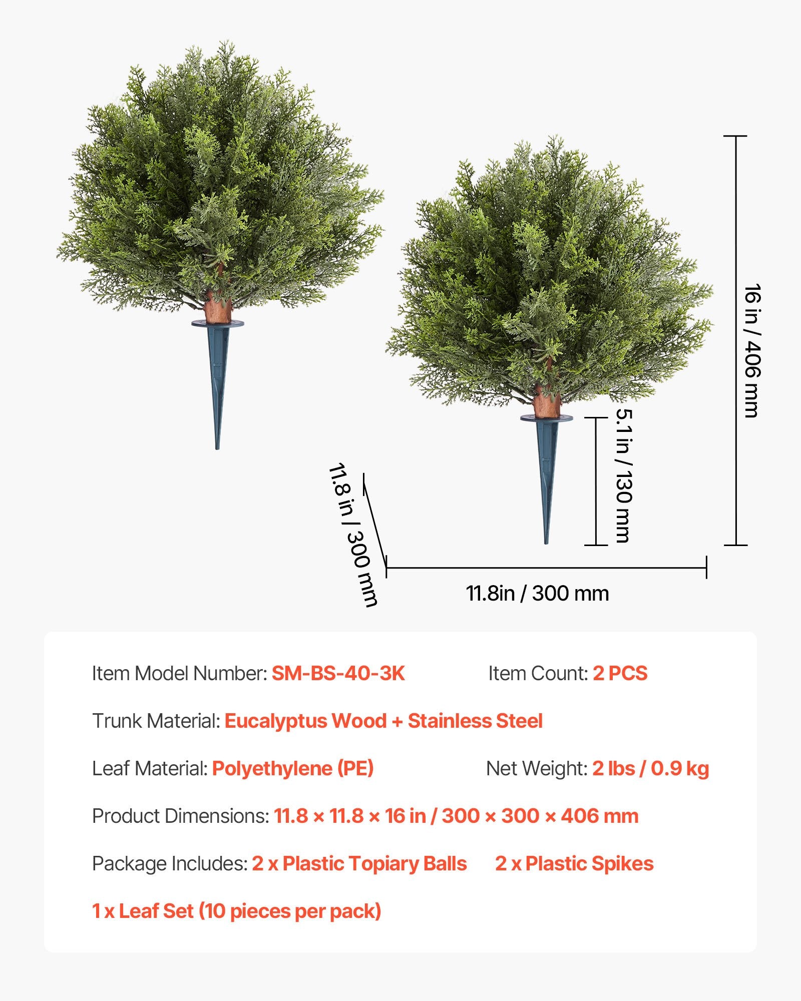 VEVOR Artificial Topiary Cypress Trees with Ground Spike, 2 Set 406mm Faux Shrubs & Bushes Potted Plants, Fake Silk Tree Look Real for Decor Front Porch Outdoor Indoor Patio Garden Balcony Backyard