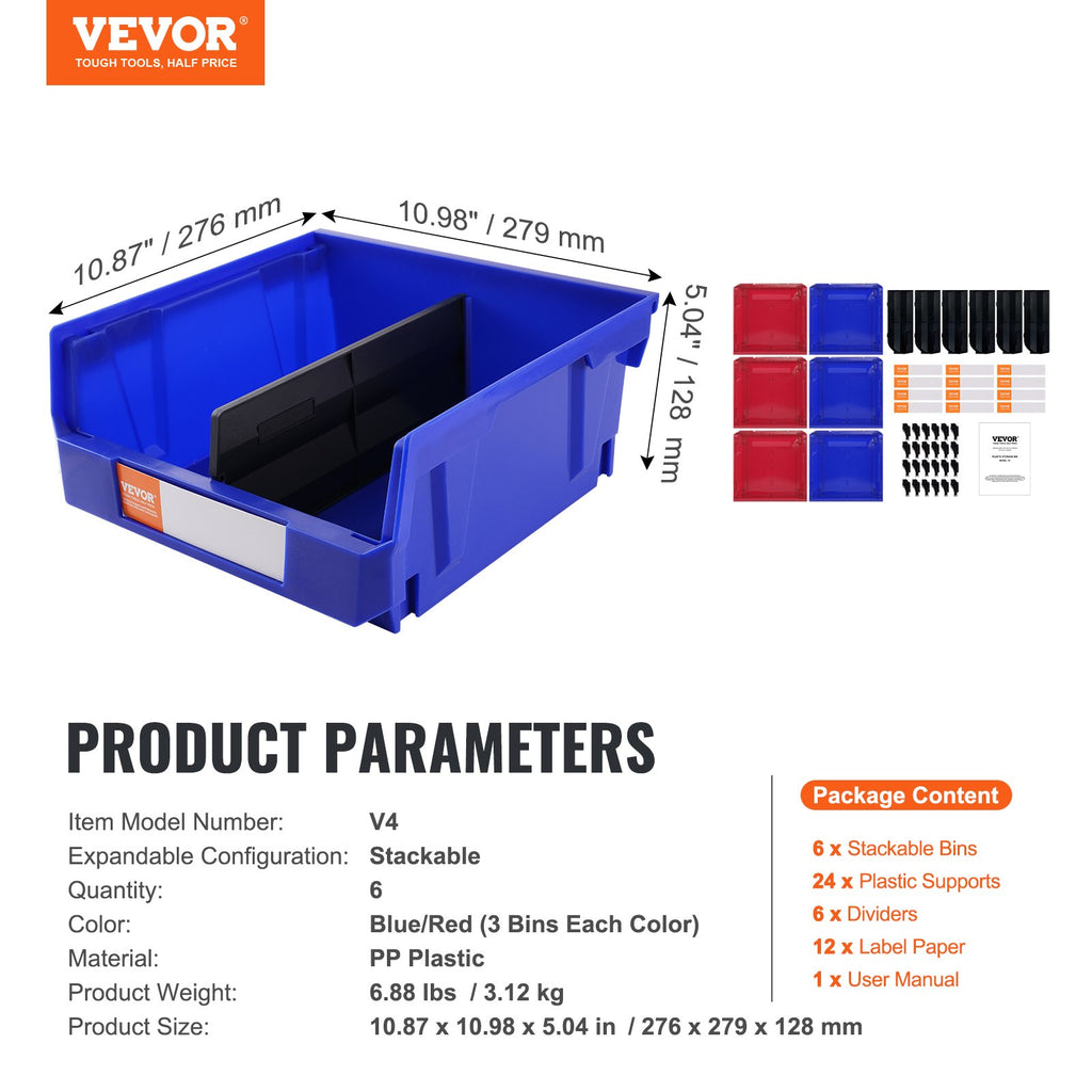 VEVOR Plastic Storage Bin, (276 mm x 279 mm x 128 mm), Hanging Stackable Storage Organizer Bin, Blue/Red, 6-Pack, Heavy Duty Stacking Containers for Closet, Kitchen, Office, or Pantry Organization
