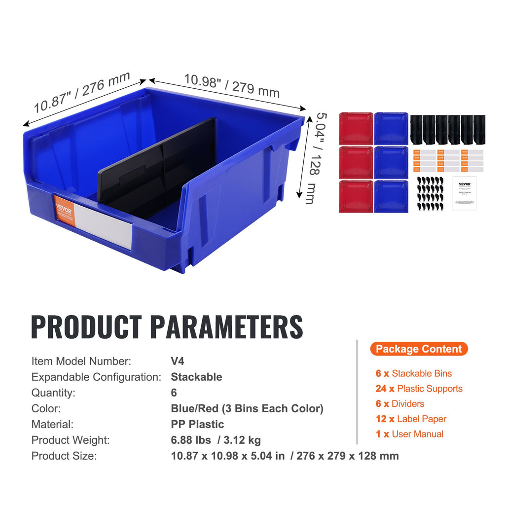 VEVOR Plastic Storage Bin, (276 mm x 279 mm x 128 mm), Hanging Stackable Storage Organizer Bin, Blue/Red, 6-Pack, Heavy Duty Stacking Containers for Closet, Kitchen, Office, or Pantry Organization