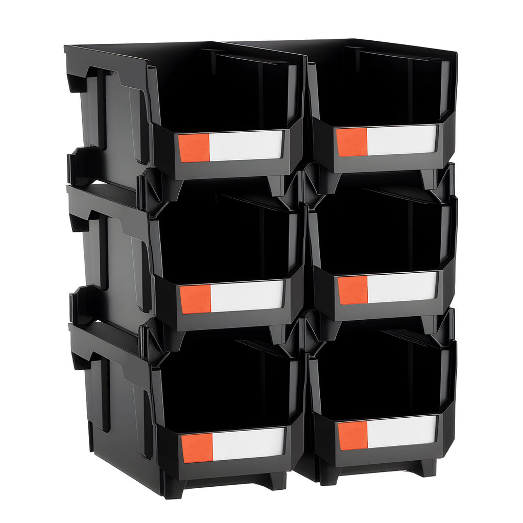VEVOR Plastic Stackable Storage Bins, 37.7 x 21.5 x 18 cm (6 Pack), Plastic Containers for Organizing and Storage Bins for Closet, Garage, Small Parts, Office Supplies and Other Accessories, Black
