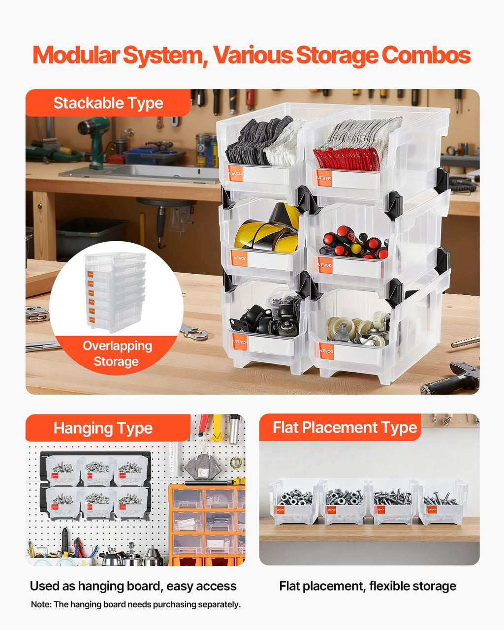 VEVOR Plastic Stackable Storage Bins, 37.7 x 21.5 x 18 cm (6 Pack), Plastic Containers for Organizing & Storage Bins for Closet, Garage, Small Parts, Office Supplies, Other Accessories, Transparent