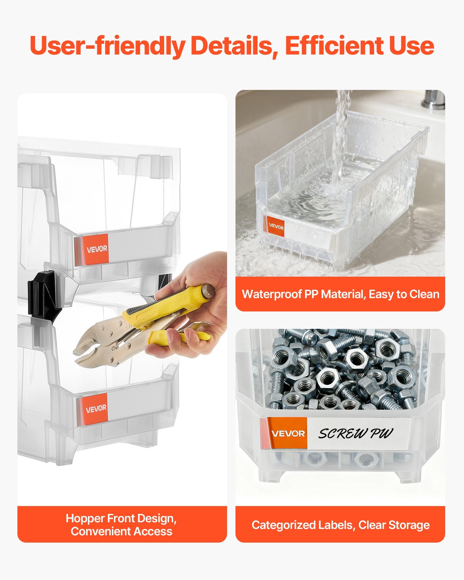 VEVOR Plastic Stackable Storage Bins, 37.7 x 21.5 x 18 cm (6 Pack), Plastic Containers for Organizing & Storage Bins for Closet, Garage, Small Parts, Office Supplies, Other Accessories, Transparent