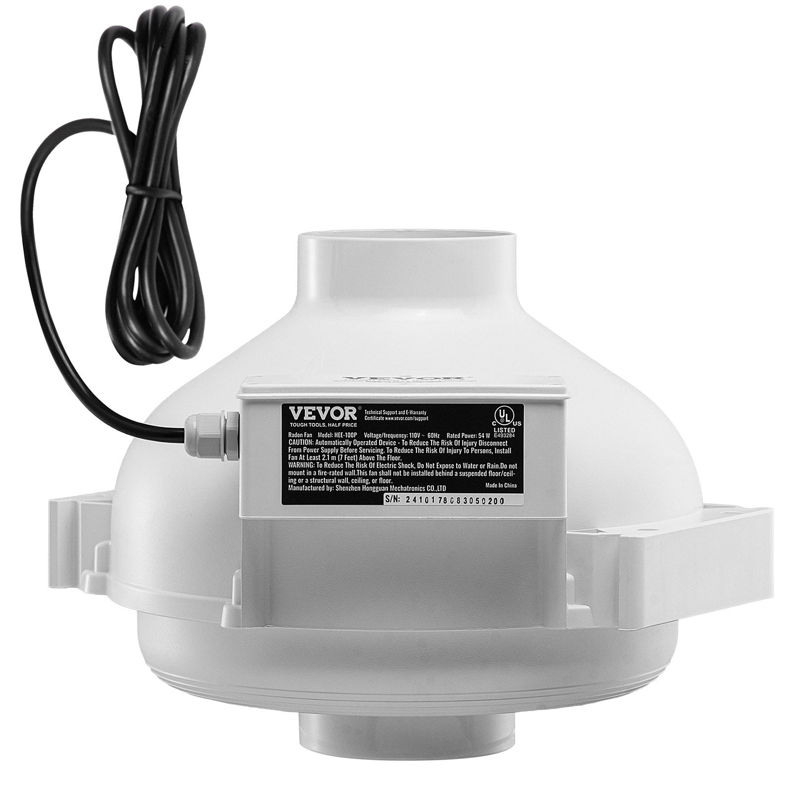 VEVOR 4" to 4.5" Radon Mitigation Fan System Quiet 190CFM Inline Duct Waterproof