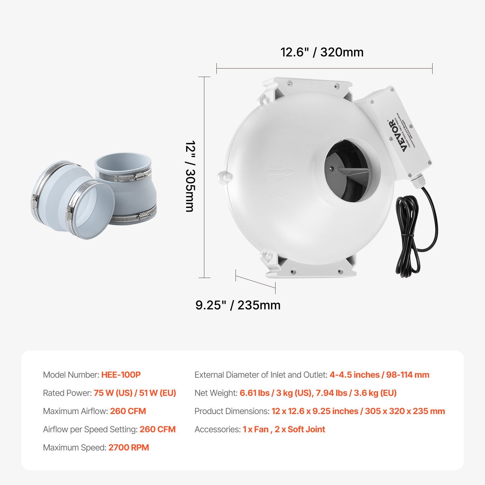 VEVOR 4" to 4.5" Radon Mitigation Fan System Quiet 260CFM Inline Duct Waterproof