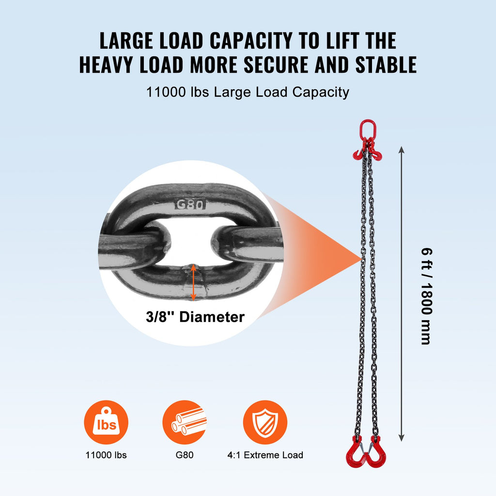 VEVOR Chain Sling, 10 mm x 180 cm Lifting Chains with Hooks, G80 Engine Chain Hoist Lifts, 5 Ton Lifting Sling Chains for Engine Hoist, Engine Lift Chain with 2 Leg Grab Hooks and Adjusters Heavy Duty