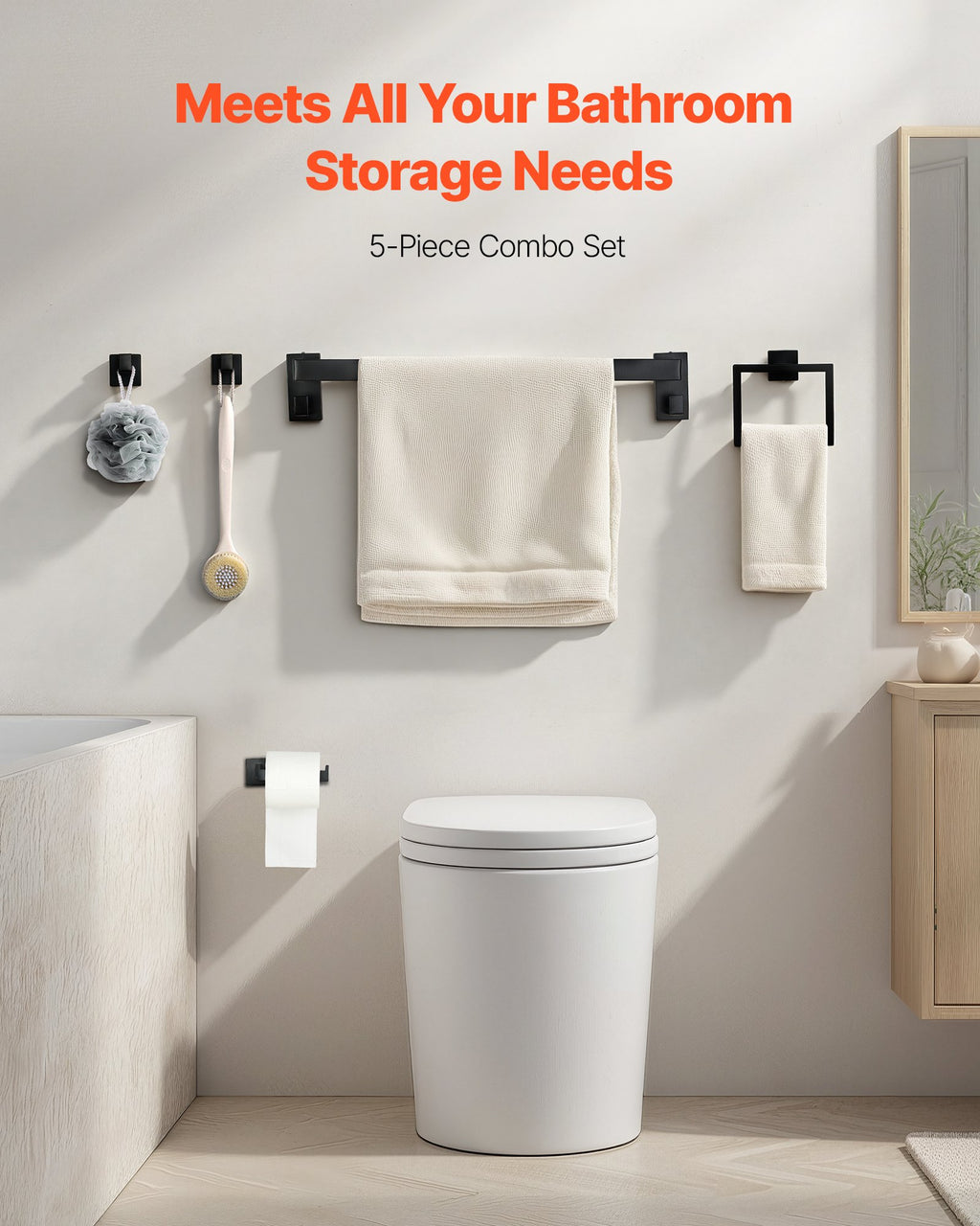 VEVOR Matte Black Bathroom Hardware Set, 5 Pieces Stainless Steel Bathroom Accessories Set, 24-inch Towel Bar, Towel Rack, 2 Robe Towel Hooks, Toilet Paper Holder, for Bath Room, Wall Mounted