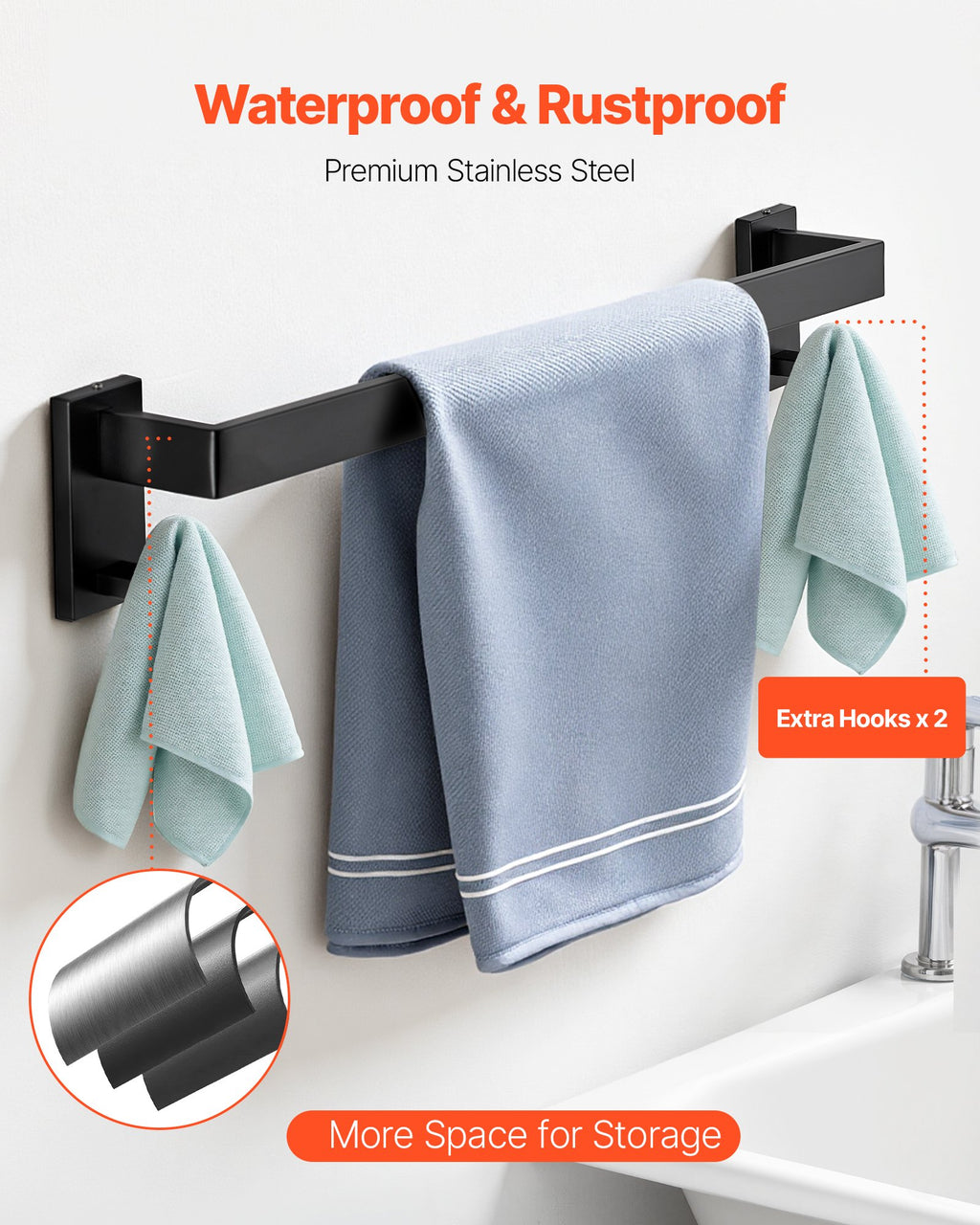 VEVOR Matte Black Bathroom Hardware Set, 5 Pieces Stainless Steel Bathroom Accessories Set, 24-inch Towel Bar, Towel Rack, 2 Robe Towel Hooks, Toilet Paper Holder, for Bath Room, Wall Mounted