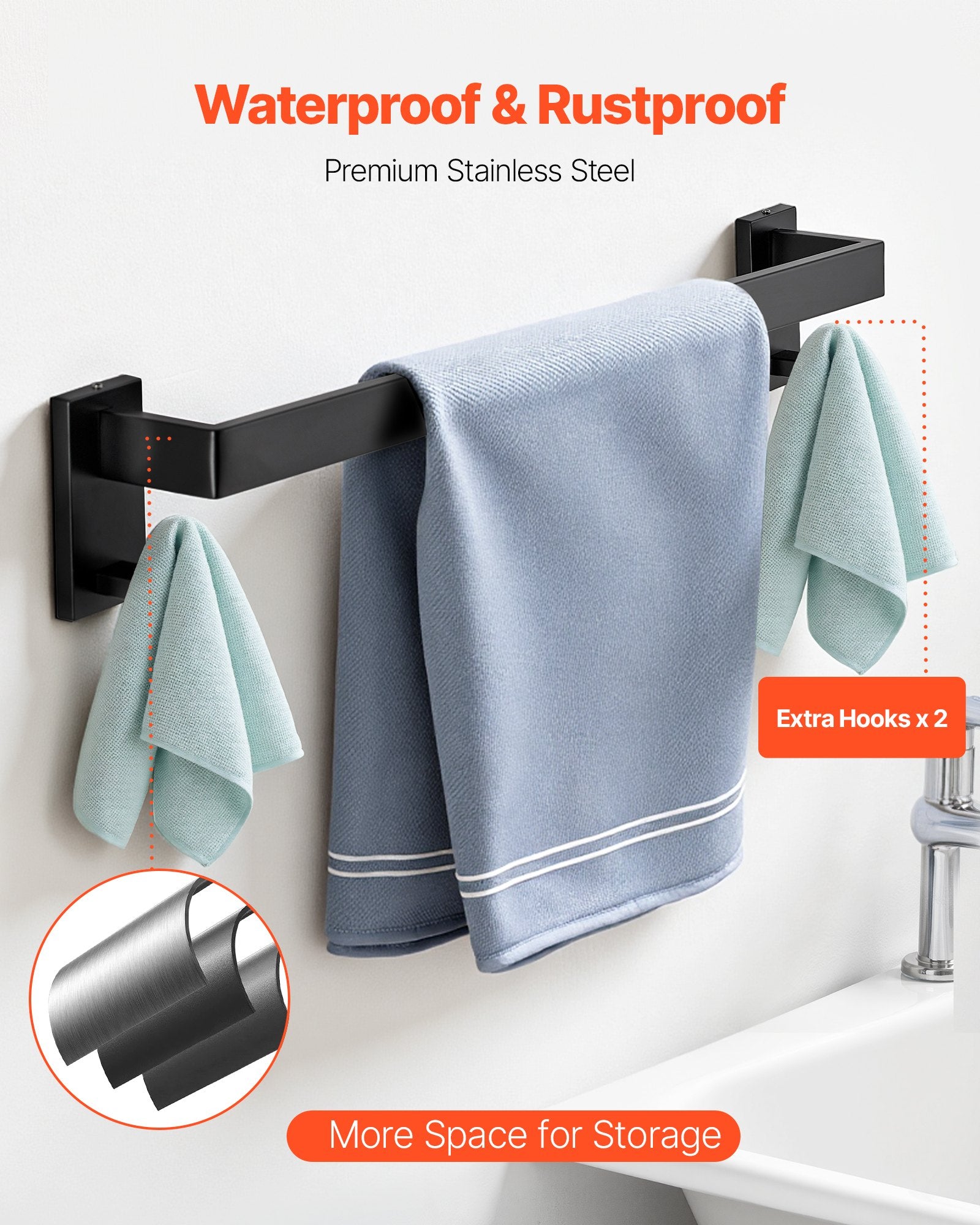VEVOR Matte Black Bathroom Hardware Set, 5 Pieces Stainless Steel Bathroom Accessories Set, 24-inch Towel Bar, Towel Rack, 2 Robe Towel Hooks, Toilet Paper Holder, for Bath Room, Wall Mounted