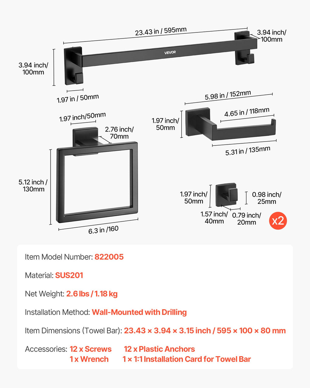 VEVOR Matte Black Bathroom Hardware Set, 5 Pieces Stainless Steel Bathroom Accessories Set, 24-inch Towel Bar, Towel Rack, 2 Robe Towel Hooks, Toilet Paper Holder, for Bath Room, Wall Mounted
