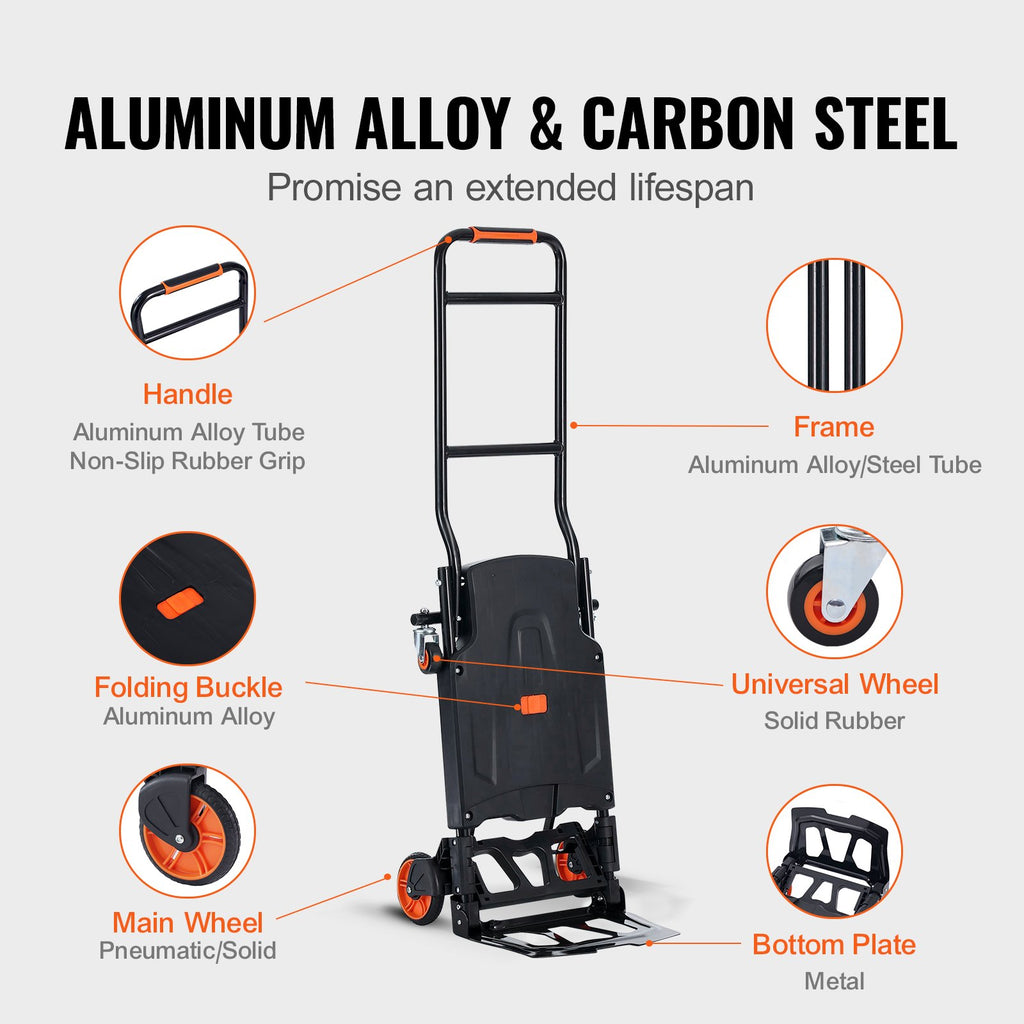 VEVOR Aluminum Hand Truck, 2 in 1, 136 kg Max Load Capacity, Heavy Duty Industrial Convertible Folding Hand Truck and Dolly, Utility Cart Converts from Hand Truck to Platform Cart with Rubber Wheels
