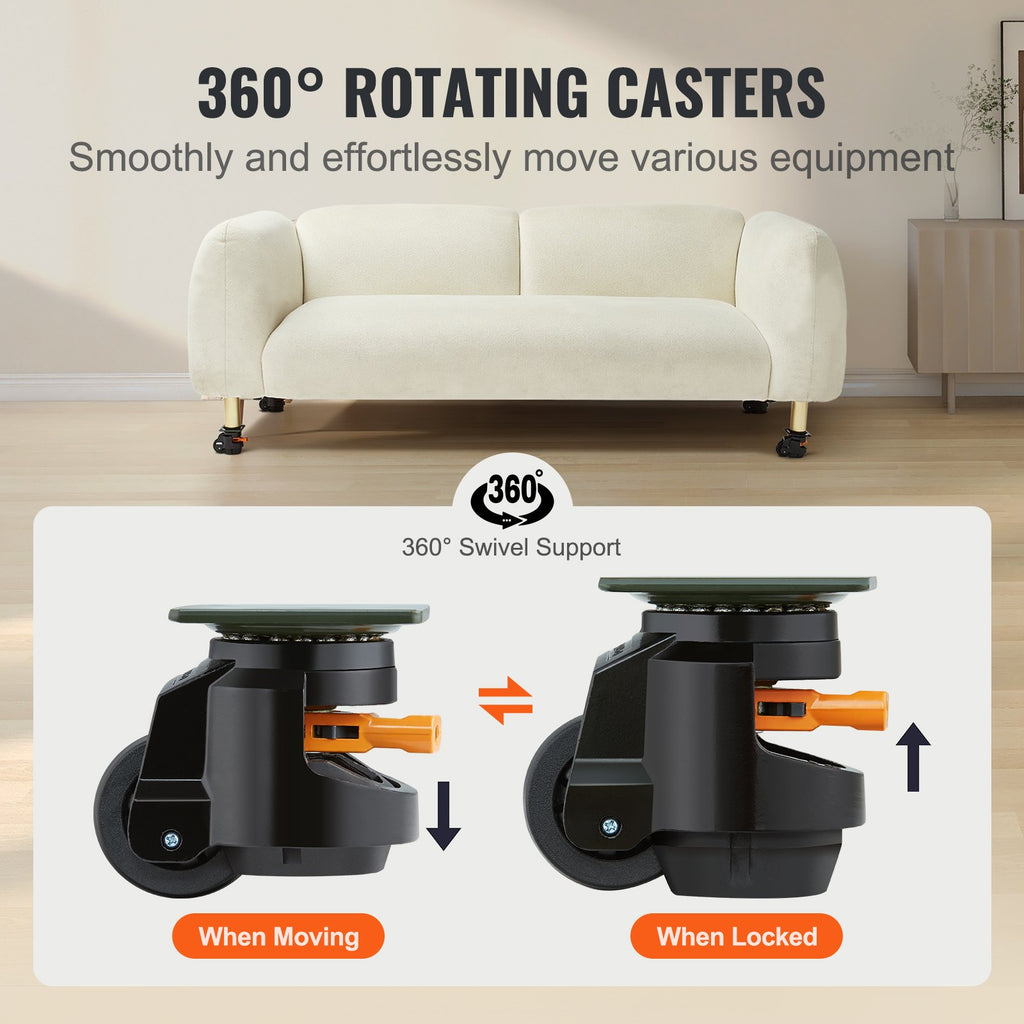 VEVOR Leveling Casters, Set of 4, 1000 kg Total Load Capacity, 63.5 mm, Heavy Duty with Upgraded Handle Design, 360 Degree Swivel Caster Wheels, Adjustable Casters with Feet for Workbench, Machine