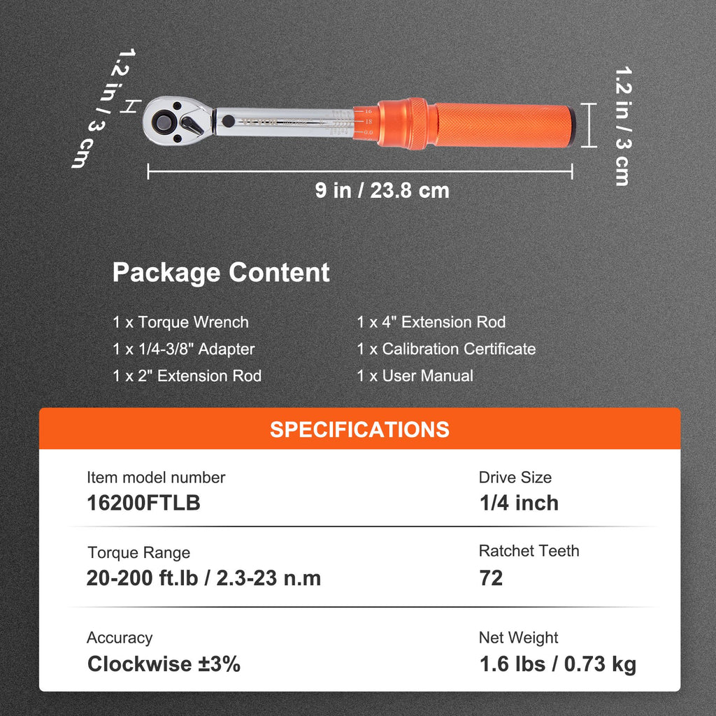 VEVOR Torque Wrench Adjustable Torque Wrench 1/4" Drive 20-200in.lb/2.3-23Nm