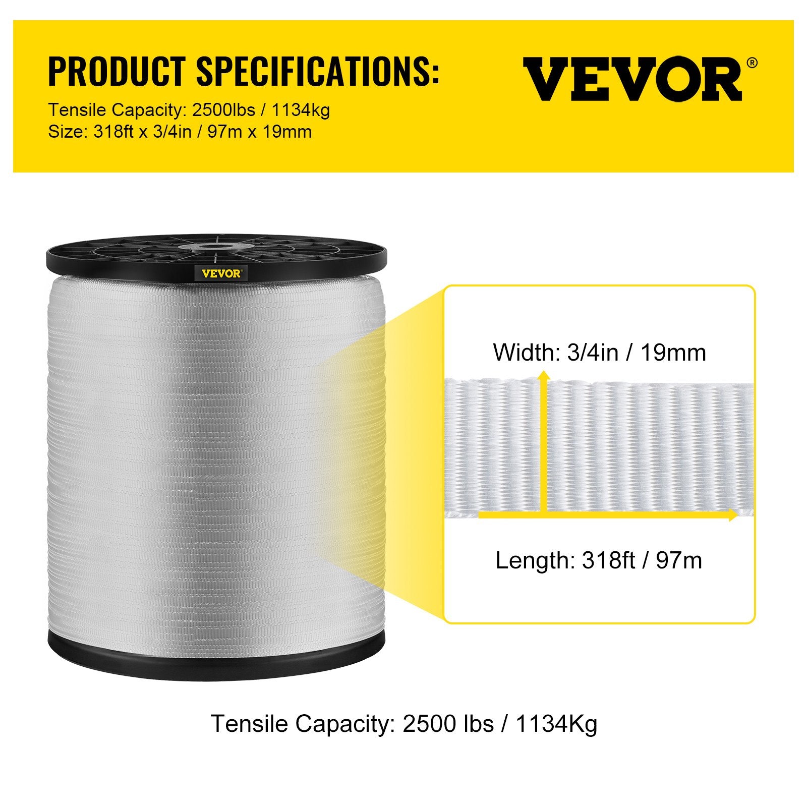 VEVOR 6000Lbs Polyester Pull Tape, 528\' x 1\" Flat Tape for Wire & Cable Conduit Work Variable Functions, Flat Rope for Pulling/Loading/Packing in Any Weather CONDITON