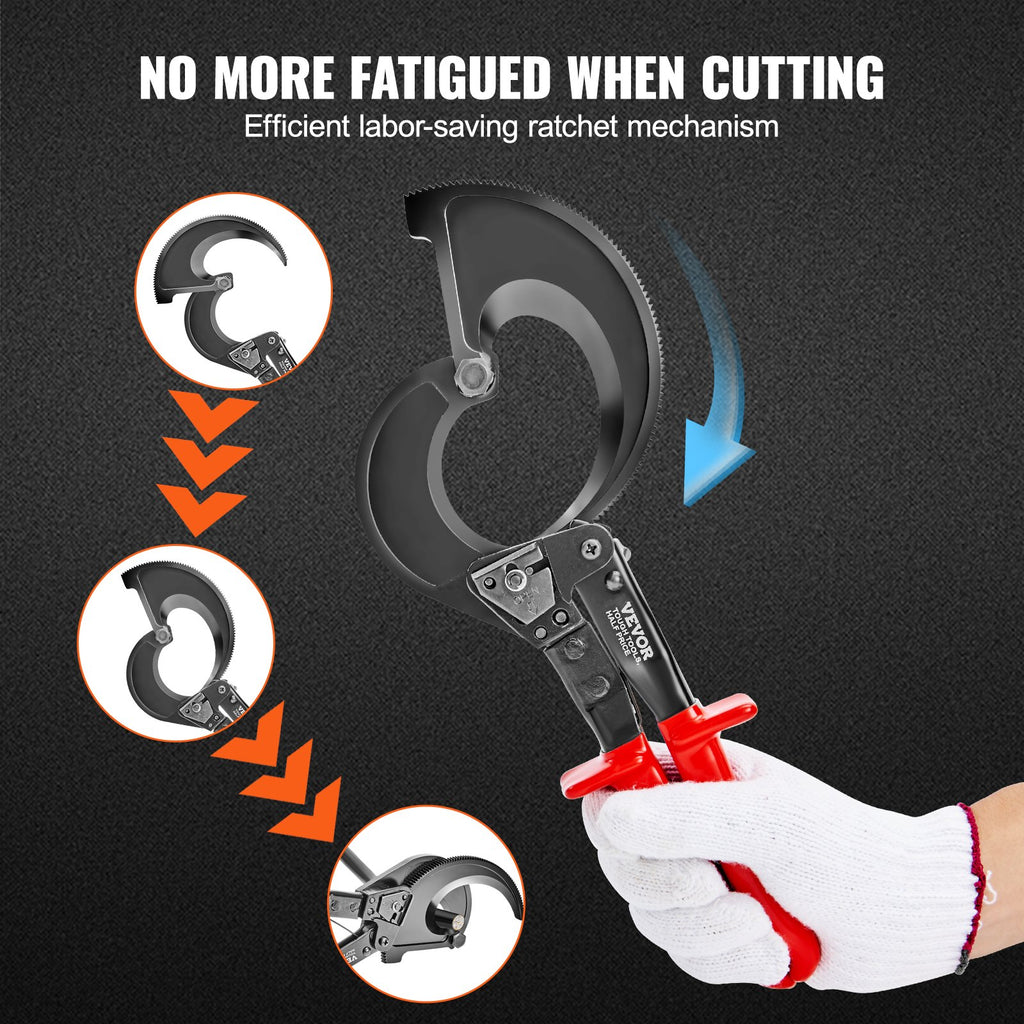 VEVOR Ratcheting Cable Cutter, 280mm Ratchet Wire and Cable Cutter, Cut up to 400 mm², with Comfortable Grip Handles, Easy to Use Quick-Release Lever, Silicon-Manganese Spring Steel Blade