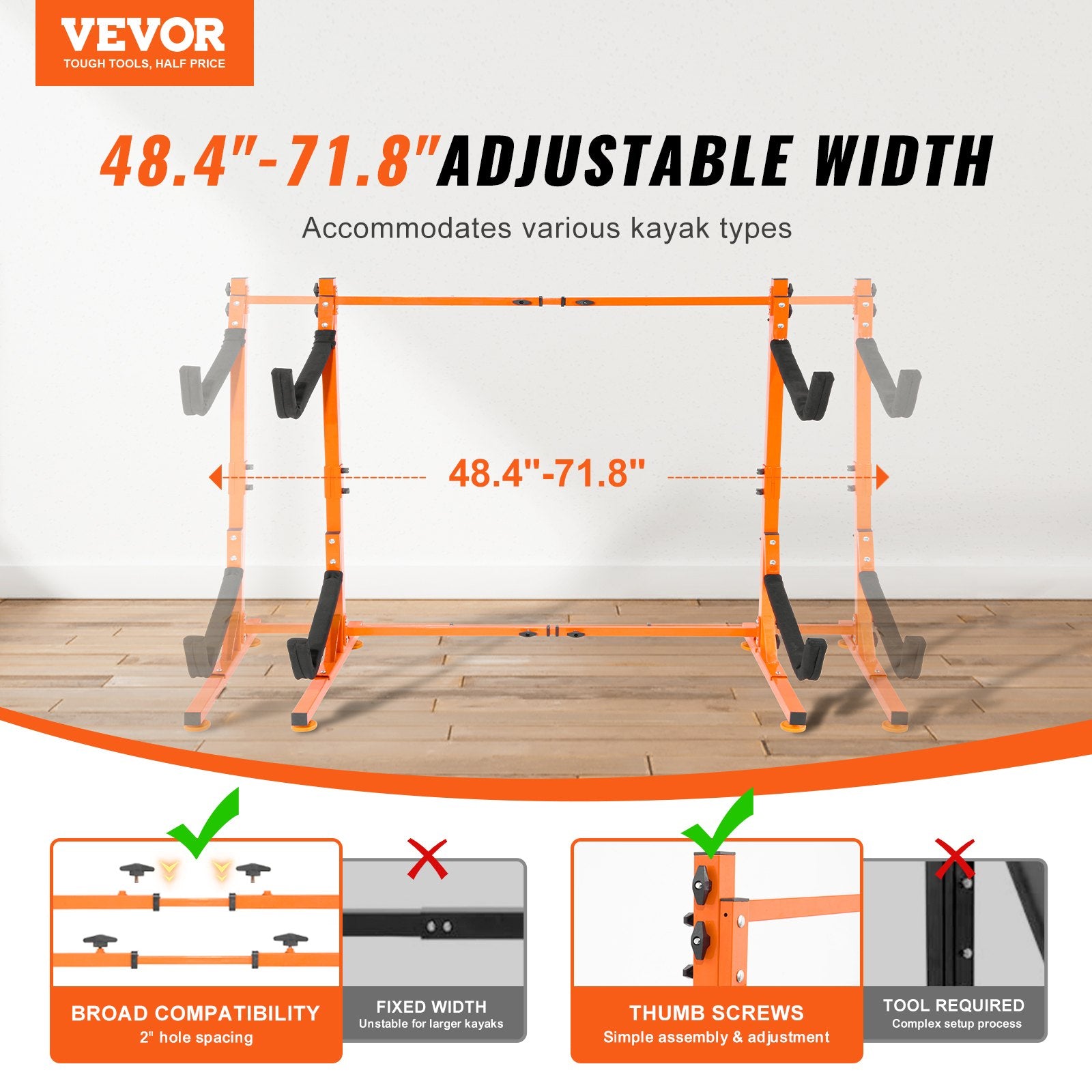 VEVOR Freestanding Kayak Storage Rack, Kayak Stand for 2 Kayak Canoe Paddleboard, Heavy-duty Steel Kayak Hanger Holder with Padded Arms and Adjustable Width, 79.5kg Max Load, for Indoor Outdoor Garage