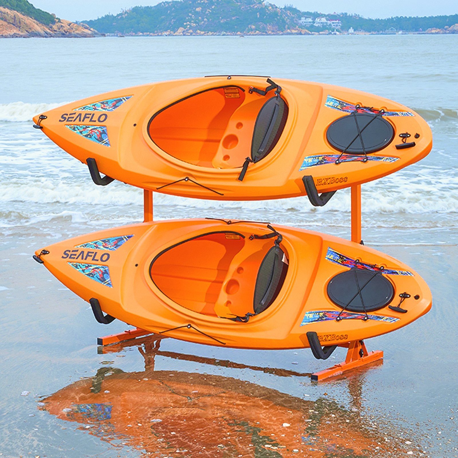 VEVOR Freestanding Kayak Storage Rack, Kayak Stand for 2 Kayak Canoe Paddleboard, Heavy-duty Steel Kayak Hanger Holder with Padded Arms and Adjustable Width, 79.5kg Max Load, for Indoor Outdoor Garage