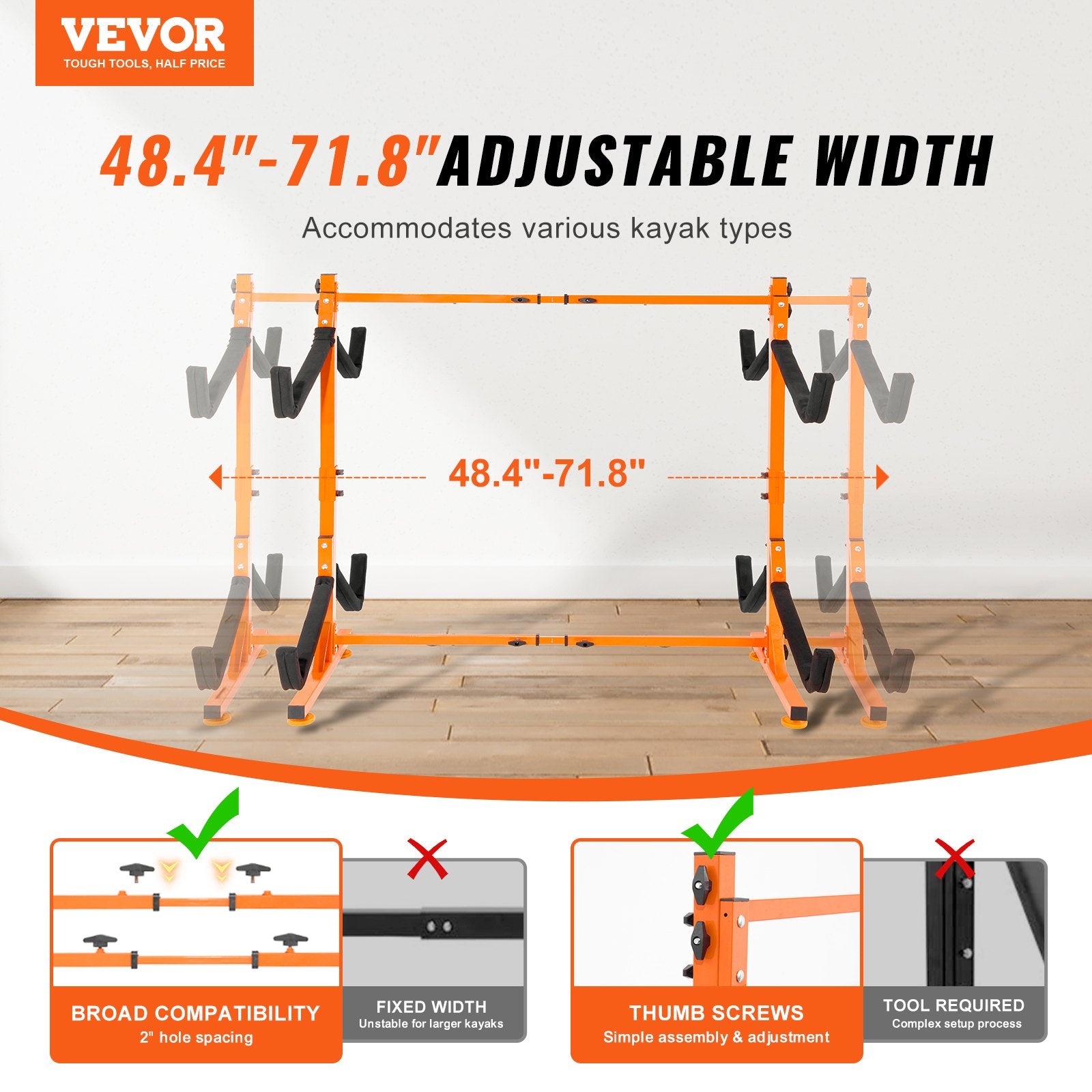 VEVOR Freestanding Kayak Storage Rack, Kayak Stand for 4 Kayak Canoe Paddleboard, Heavy-duty Steel Kayak Hanger Holder with Padded Arms and Adjustable Width, 100 kg Max Load, for Indoor Outdoor Garage