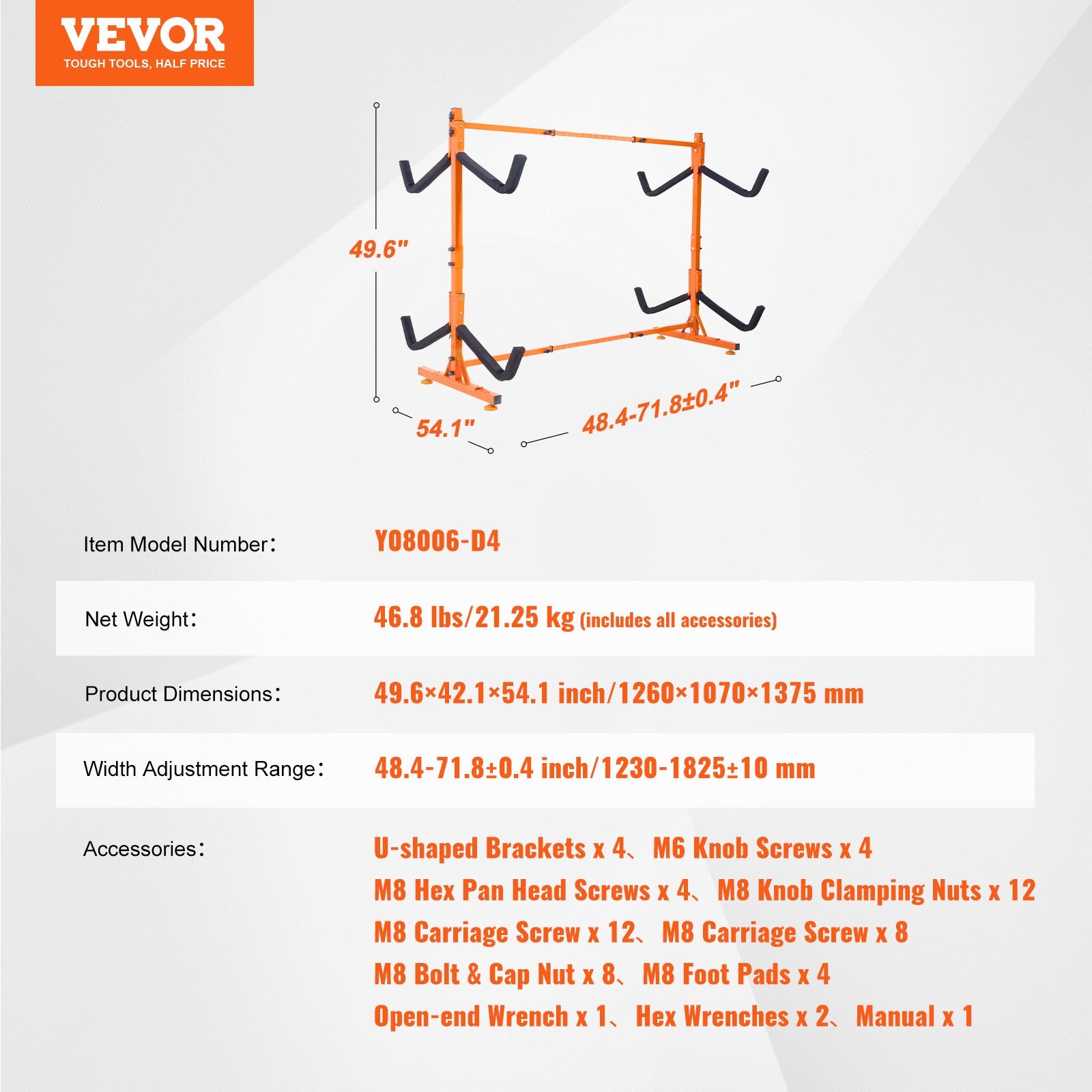 VEVOR Freestanding Kayak Storage Rack, Kayak Stand for 4 Kayak Canoe Paddleboard, Heavy-duty Steel Kayak Hanger Holder with Padded Arms and Adjustable Width, 100 kg Max Load, for Indoor Outdoor Garage