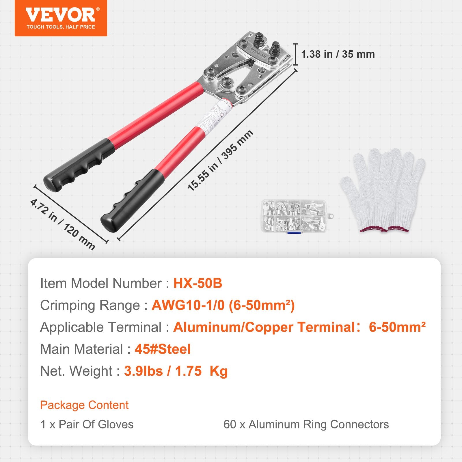 VEVOR Battery Cable Lug Crimping Tool, 10-1/0AWG Aluminum Terminal Battery Lug Crimper, with 60PCS Aluminum Ring Connectors Terminals 6 Wire Sizes Crimping Die, for Heavy Duty Wire Lugs