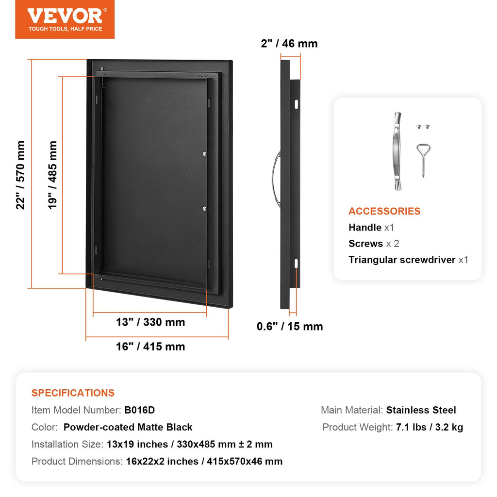 VEVOR BBQ Access Door, 415x570 mm Single Outdoor Kitchen Door, Cold Plate Flush Mount Door, Wall Vertical Door with Handle, for BBQ Island, Grilling Station, Outside Cabinet
