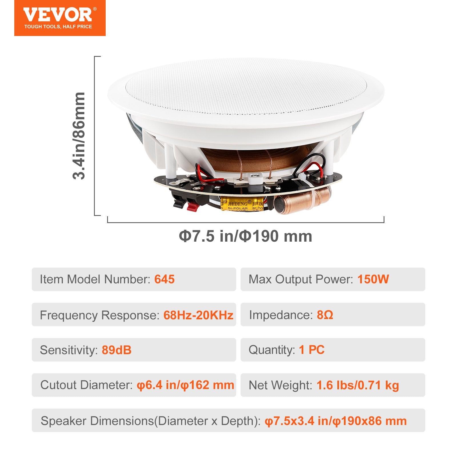 VEVOR 165.1 mm in Ceiling Speakers, 150-Watts, Flush Mount Ceiling & in-Wall Speakers System with 8ΩImpedance 89dB Sensitivity, for Home Kitchen Living Room Bedroom or Covered Outdoor Porches, Single