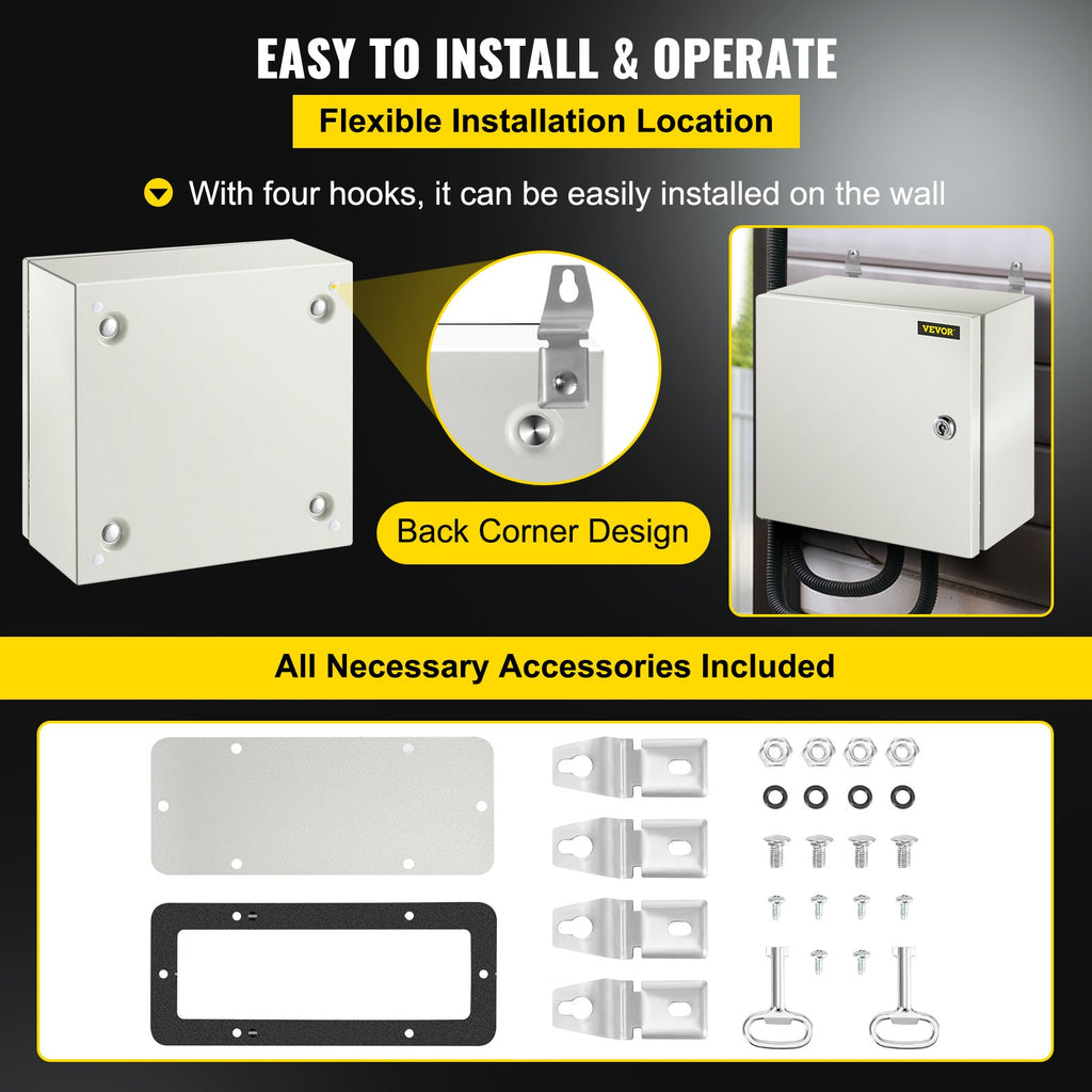 VEVOR NEMA Steel Enclosure, 12 x 12 x 6''steel electrical box
electrical enclosur NEMA 4X Steel Electrical Box, IP66 Waterproof & Dustproof, Outdoor/Indoor Electrical Junction Box, with Mounting Plat
