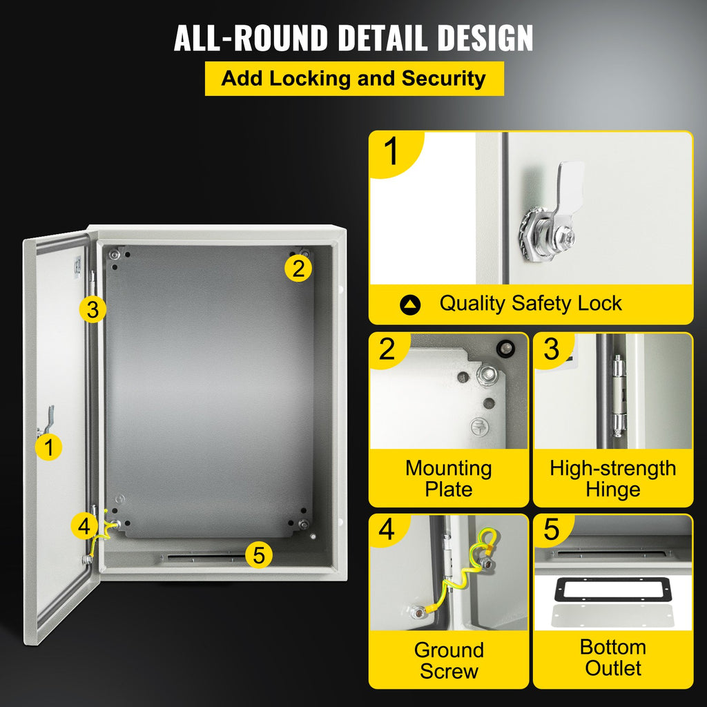 VEVOR Steel Electrical Box 16'' x 12'' x 8'' Electrical Enclosure Box, Carbon Steel Hinged Junction Box, IP65 Weatherproof Metal Box Wall-Mounted Electronic Equipment Enclosure Box with Mounting Plate