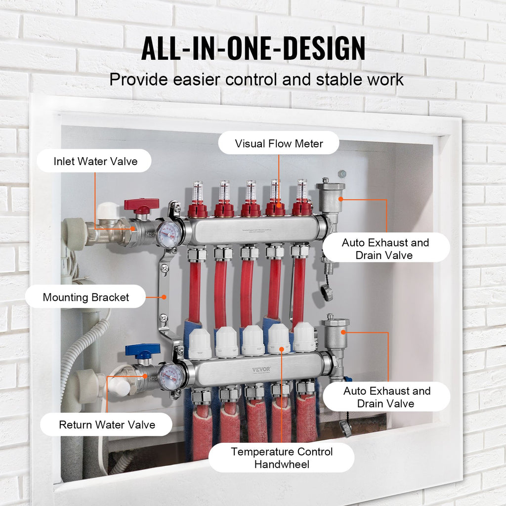 VEVOR 5-Branch Radiant Heat Manifold, 1/2" PEX Tubing Manifold, Stainless Steel PEX Manifold for Hydronic Radiant Floor Heating, Radiant Heat PEX Manifold Kit with 1/2" Adapters Included
