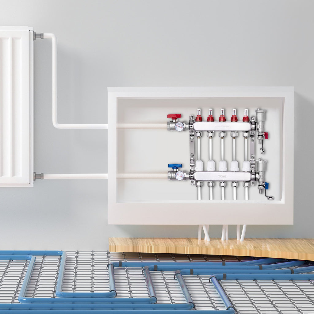 VEVOR 5-Branch Radiant Heat Manifold, 1/2" PEX Tubing Manifold, Stainless Steel PEX Manifold for Hydronic Radiant Floor Heating, Radiant Heat PEX Manifold Kit with 1/2" Adapters Included