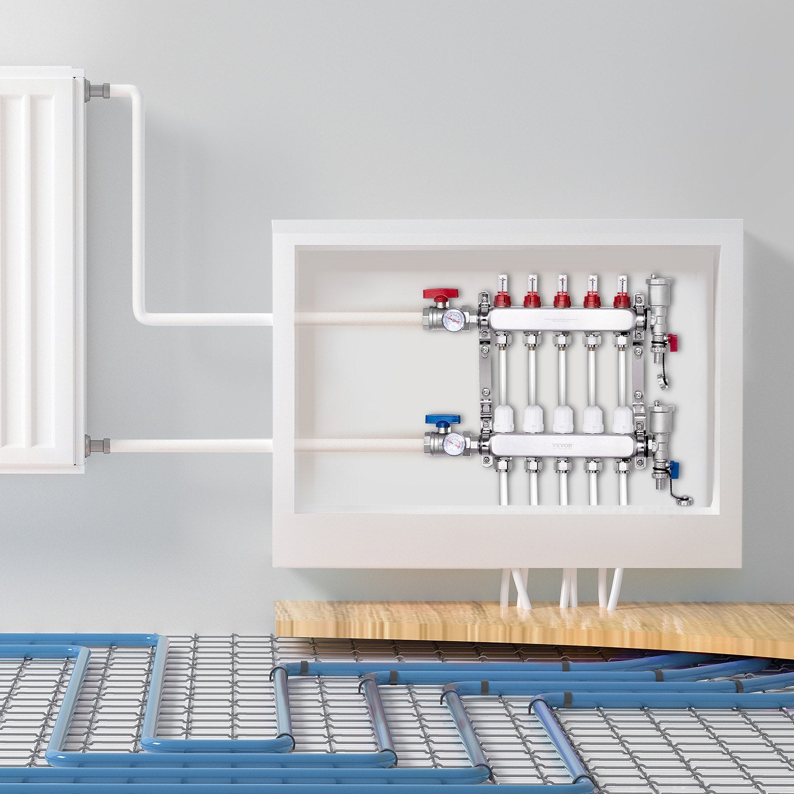 VEVOR 5-Branch Radiant Heat Manifold, 1/2" PEX Tubing Manifold, Stainless Steel PEX Manifold for Hydronic Radiant Floor Heating, Radiant Heat PEX Manifold Kit with 1/2" Adapters Included