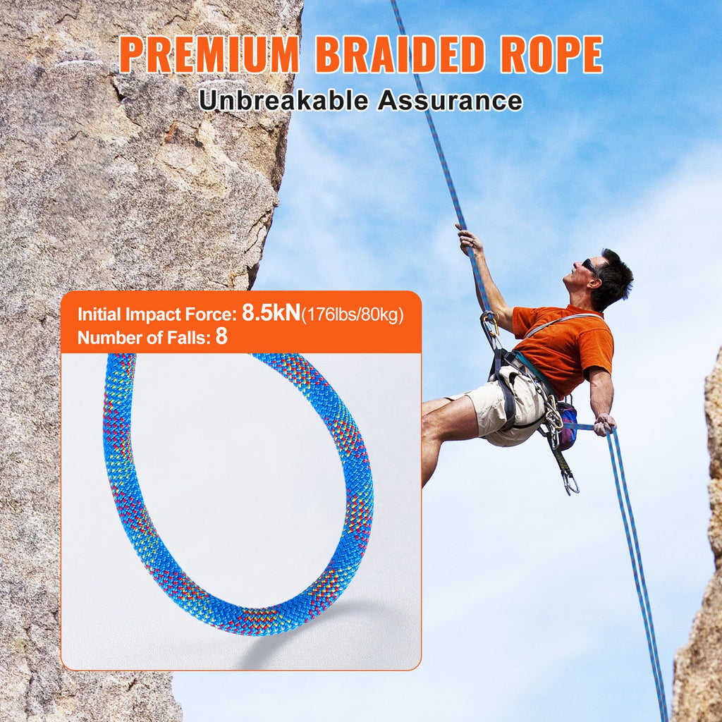 VEVOR 10.2mm Dynamic Climbing Rope, 40M(131ft) Outdoor Rock Climbing Rope 25KN Breaking Tension, Stretchable Fiber Rope with Steel Snap Hooks for Escape, Rappelling, Fire Rescue, Blue