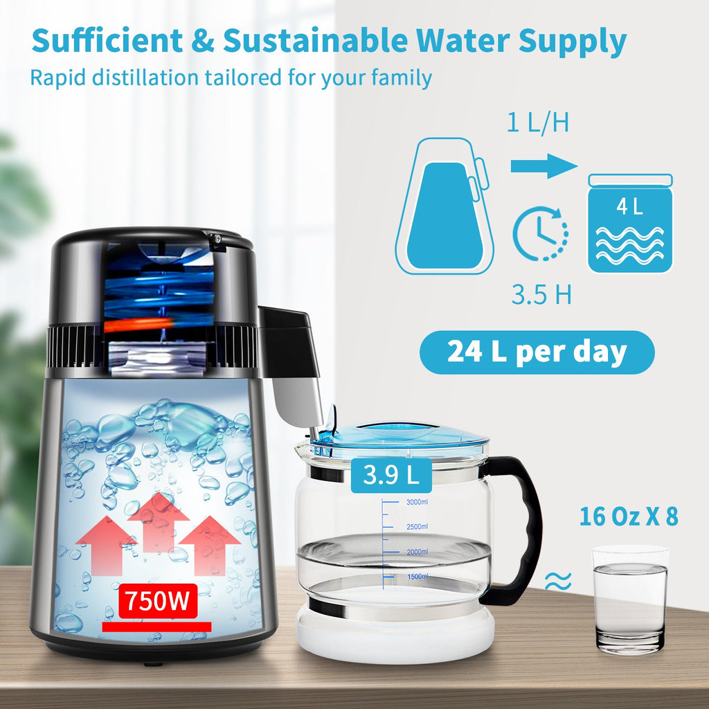 VEVOR 4L Water Distiller Distilled Water Maker 1 L/H w/ Timing Dual-Temp Silver