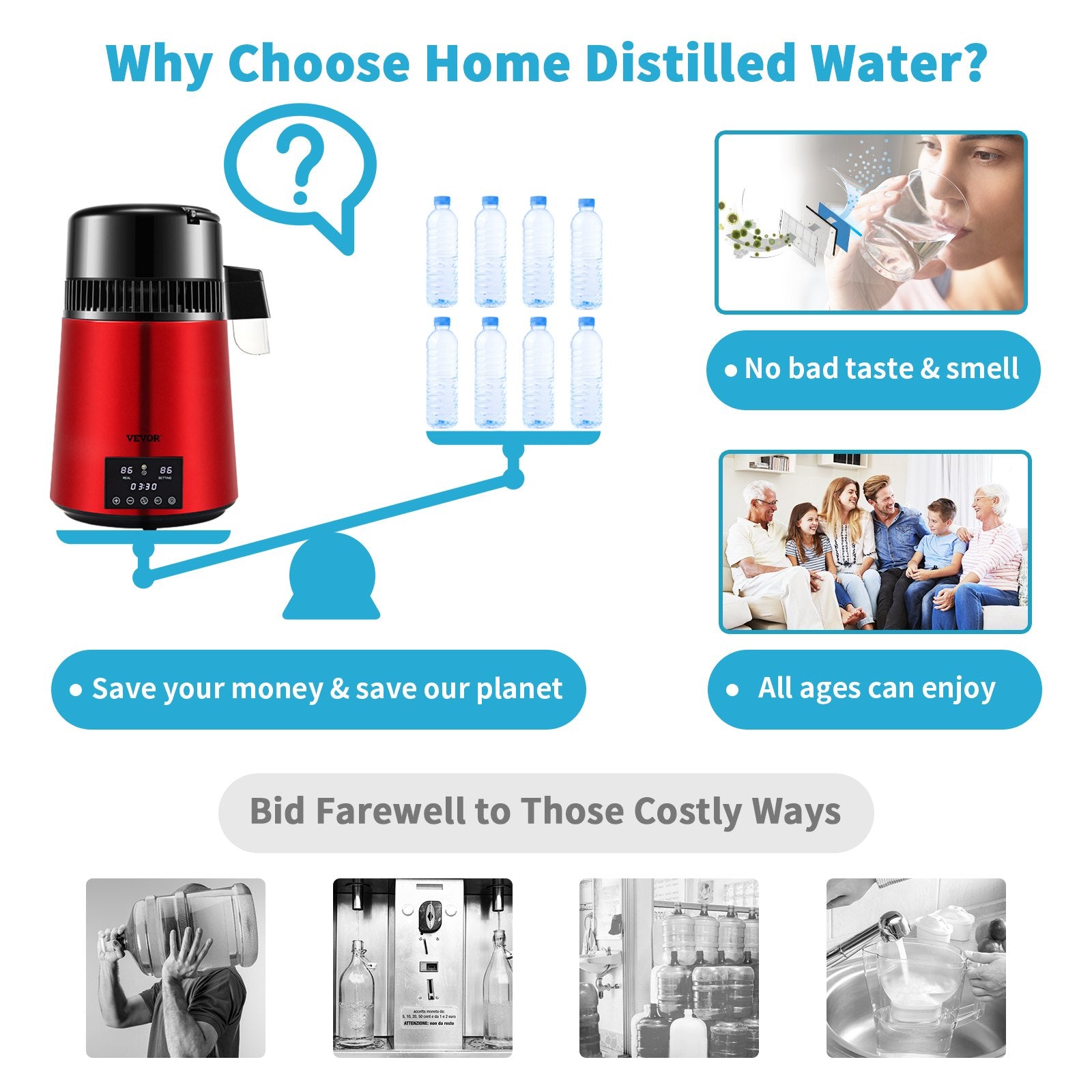 VEVOR 4L Water Distiller Distilled Water Maker 1 L/H w/ Timing Dual Temp Red