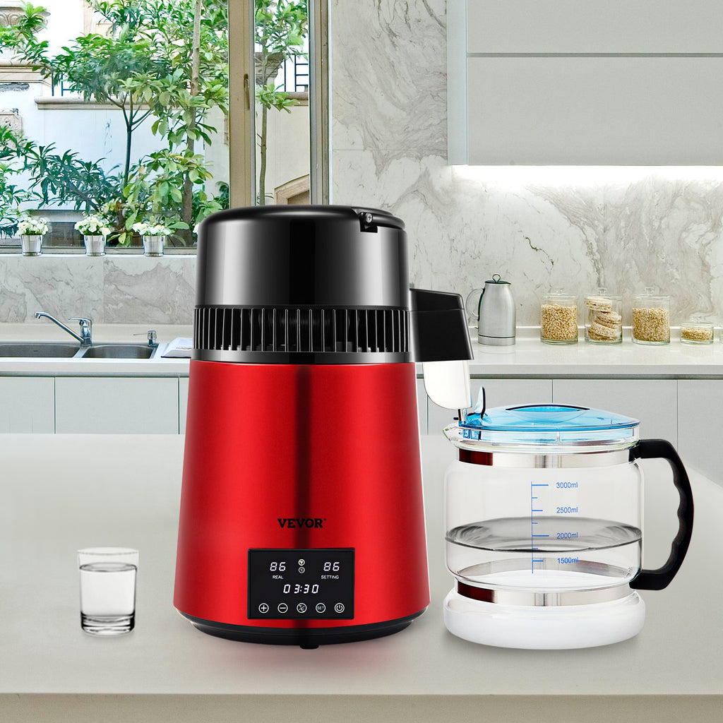 VEVOR 4L Water Distiller Distilled Water Maker 1 L/H w/ Timing Dual Temp Red