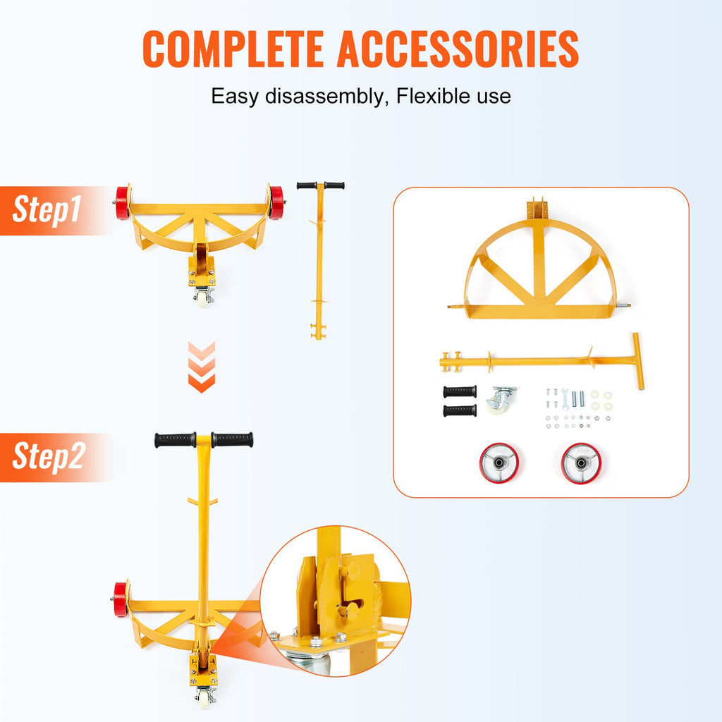 VEVOR 250L Drum Dolly, 544 kg Load Capacity, Barrel Dolly Cart Drum Caddy Round Dolly Steel Low Profile, Heavy Duty Steel Frame with Adjustable Handle 3 Wheels, for Workshop Factory Warehouse